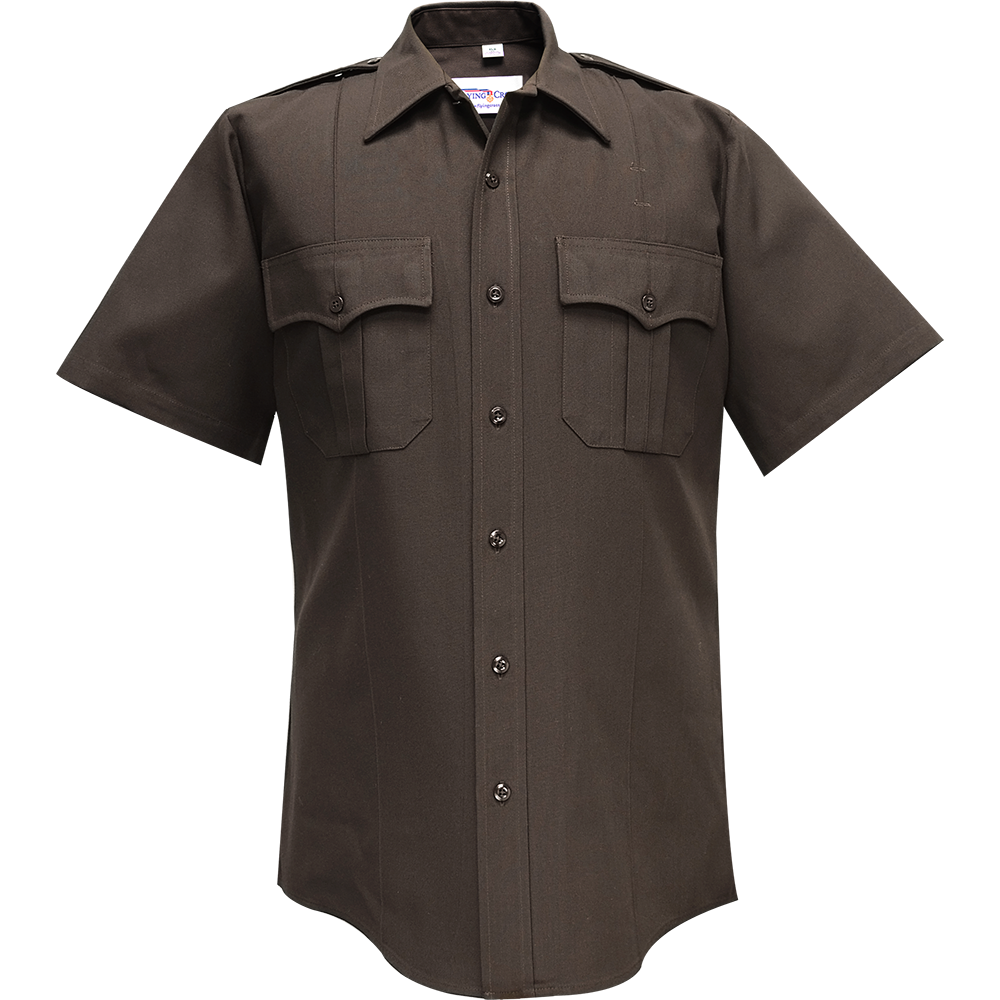Product shot of a dark brown short-sleeved uniform shirt featuring two chest pockets, epaulets, and black buttons