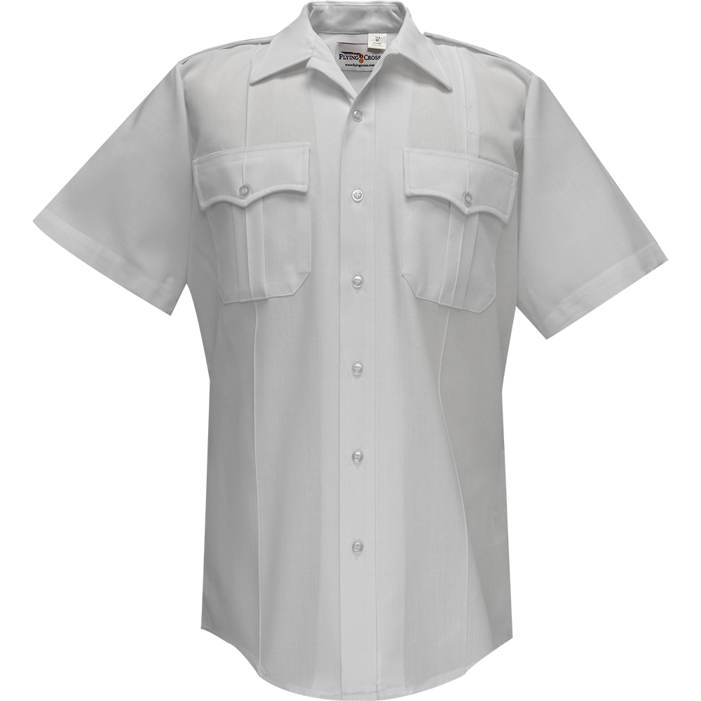 Product shot of a Flying Cross white short-sleeve shirt featuring a collared design, two chest pockets with flaps, and silver buttons.