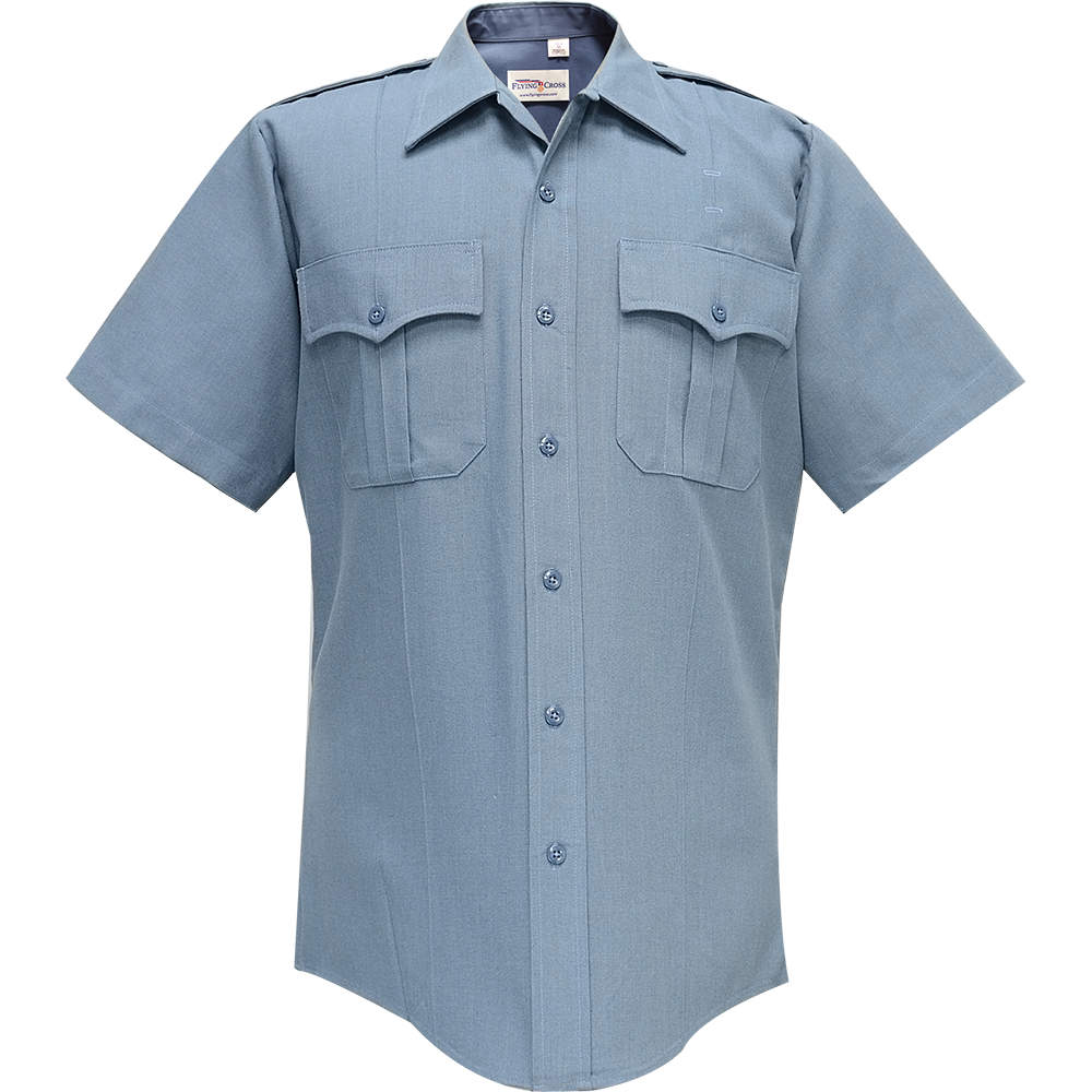 Flying Cross short-sleeved shirt, featuring a classic collared design, two flap pockets, and light blue color with dark blue buttons.
