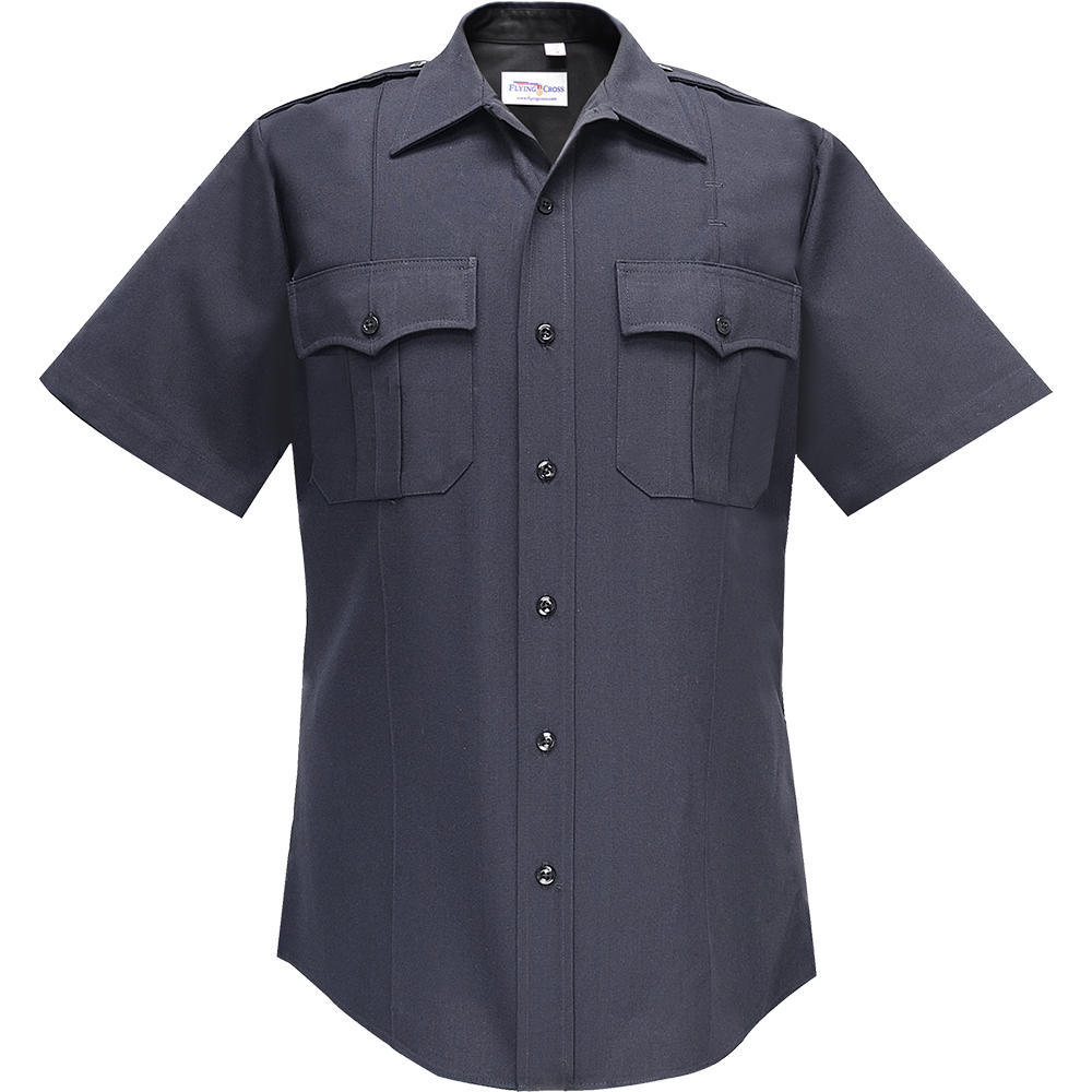 Product shot of Flying Cross dark gray short-sleeve uniform shirt featuring two chest pockets and black buttons shown against a neutral background