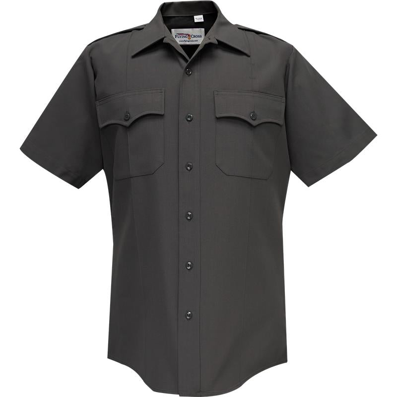 Flying Cross dark gray short-sleeve uniform shirt featuring two chest pockets, a button-down collar, and subtle textured fabric