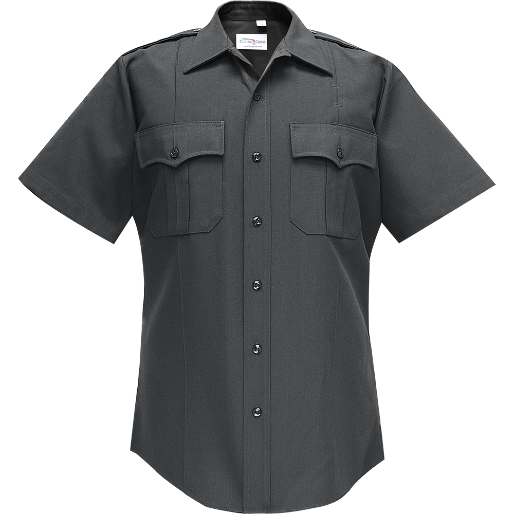 Flying Cross dark gray short-sleeved uniform shirt featuring two chest pockets, a button-down front, and a subtle brand label