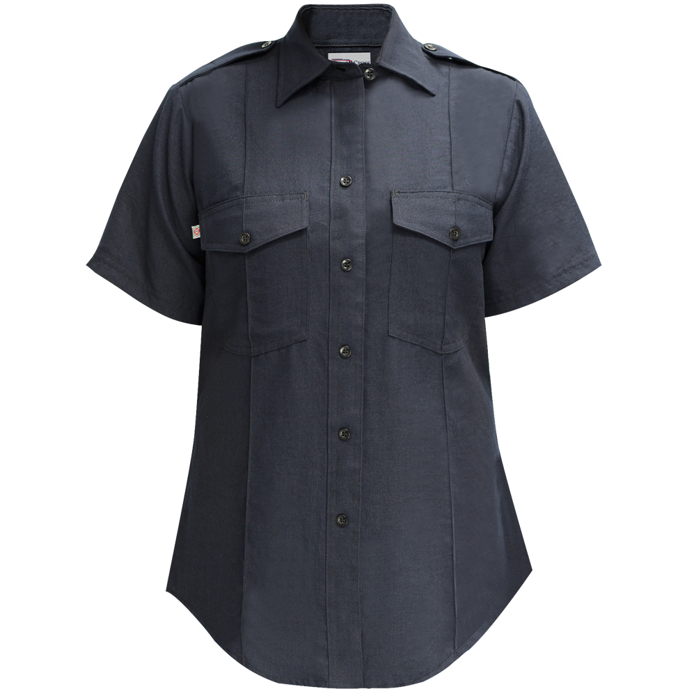 Product shot of a dark gray short-sleeved button-down shirt with two chest pockets and small logo detail featuring a tailored fit and subtle texture