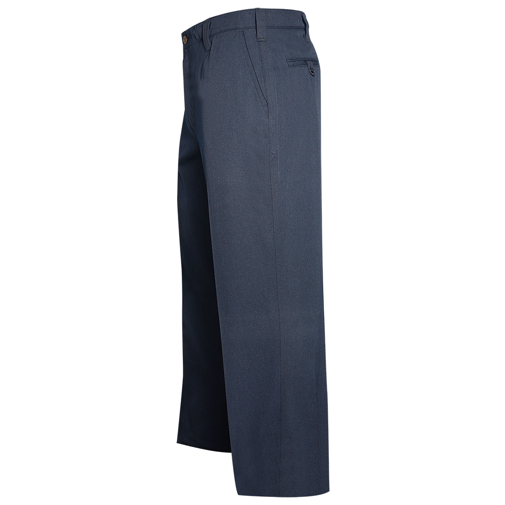 Product shot showing a pair of dark-blue twill work pants with a visible back pocket and subtle center crease showcasing the fabric's texture and a hint of gold-toned button