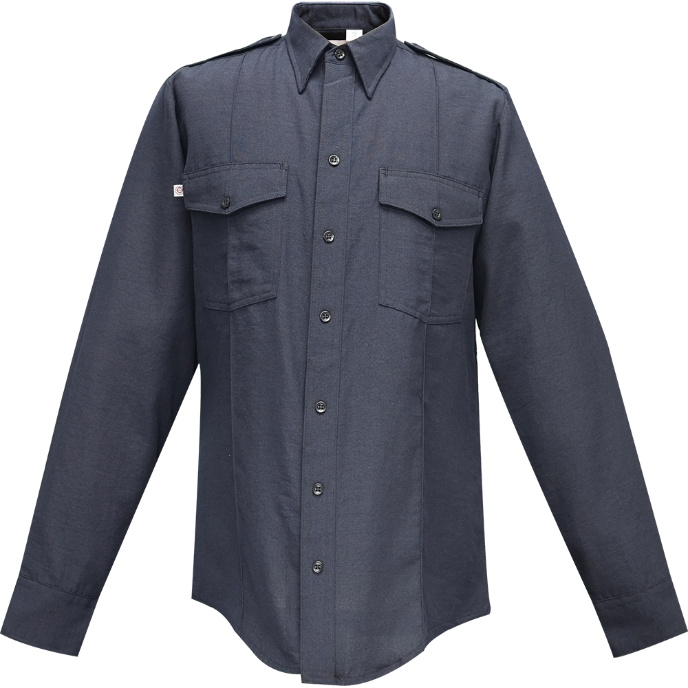 Product shot of a dark navy blue long-sleeve button-down shirt with two chest pockets and reinforced epaulets showing subtle texture and dark buttons