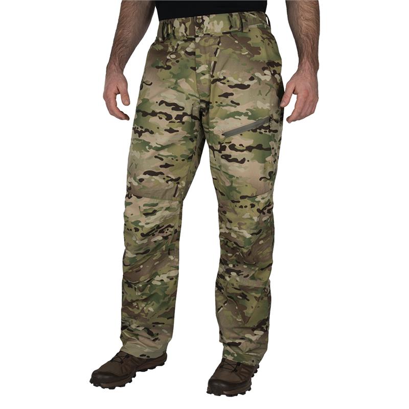Product shot of camouflage pants featuring a zippered pocket, reinforced knees, and a multi-toned pattern of greens, browns, and tans.