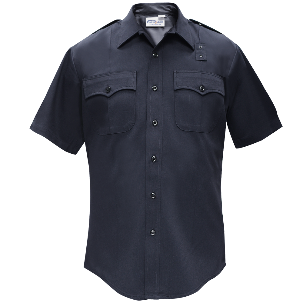 Flying Cross navy blue short sleeve uniform shirt featuring two chest pockets, black buttons, and a reinforced collar