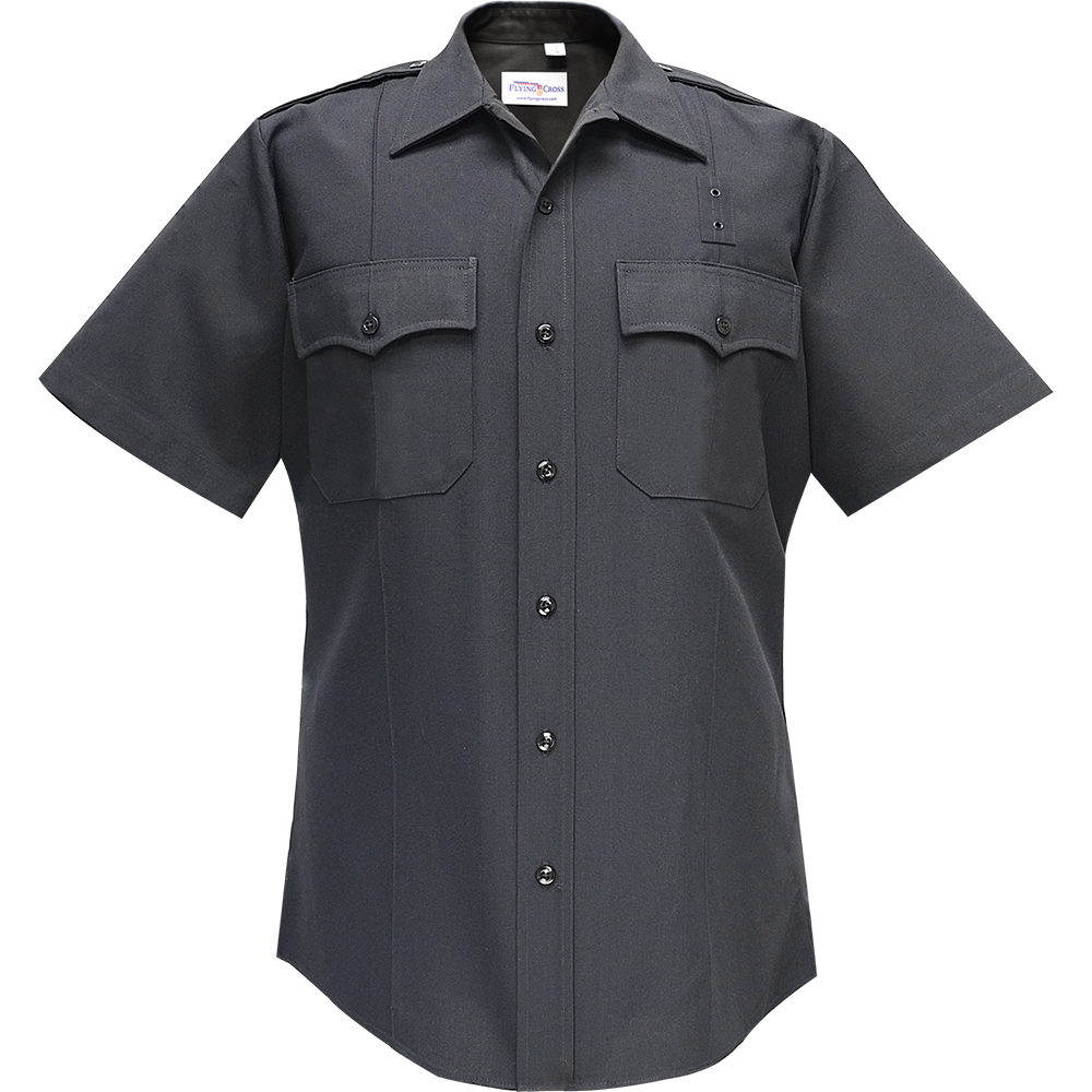Flying Cross dark gray short-sleeve shirt featuring button-down front, two chest pockets, and a subtle logo on the collar