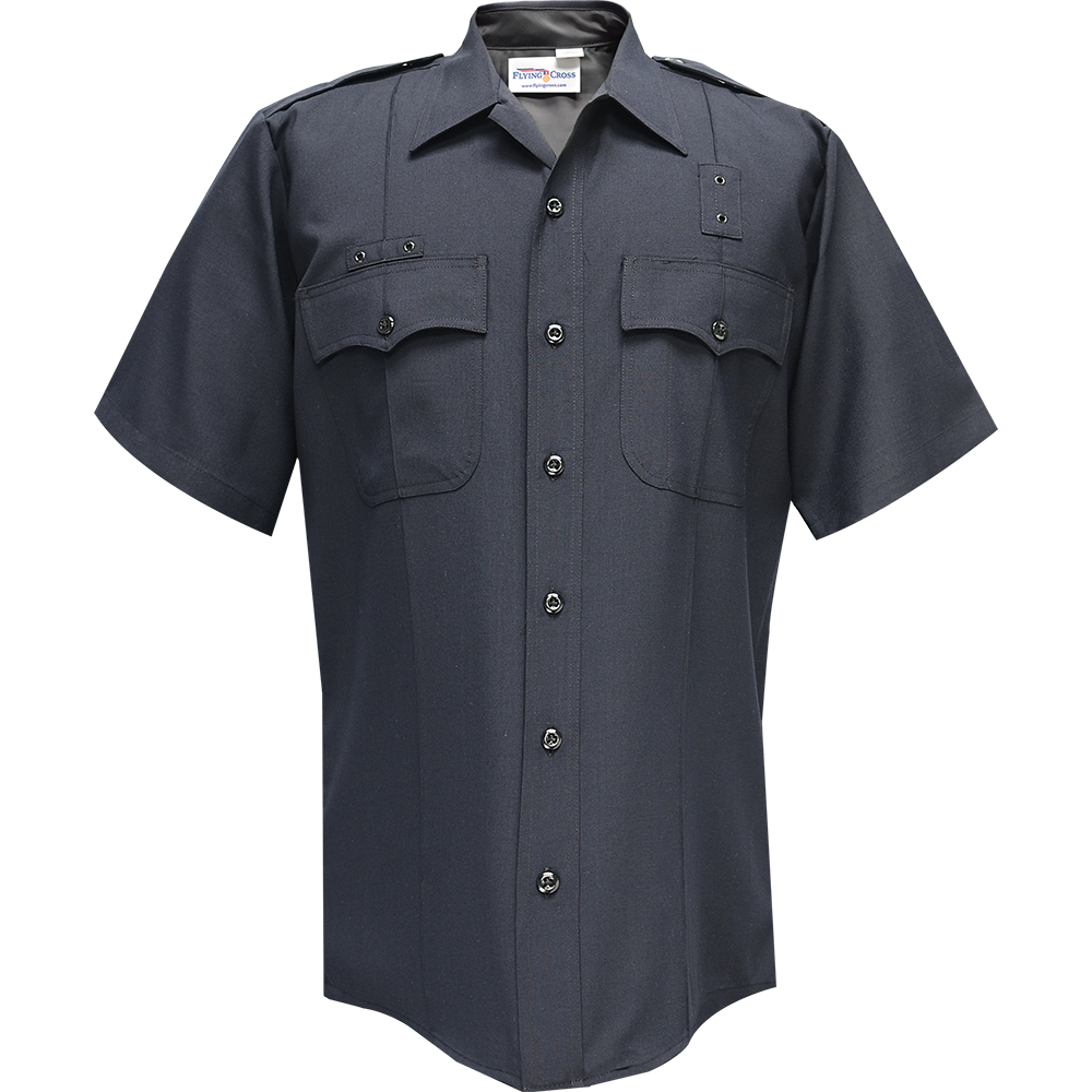 Product shot of a Flying Cross navy blue short-sleeve uniform shirt featuring two chest pockets, black buttons, and a collared neckline