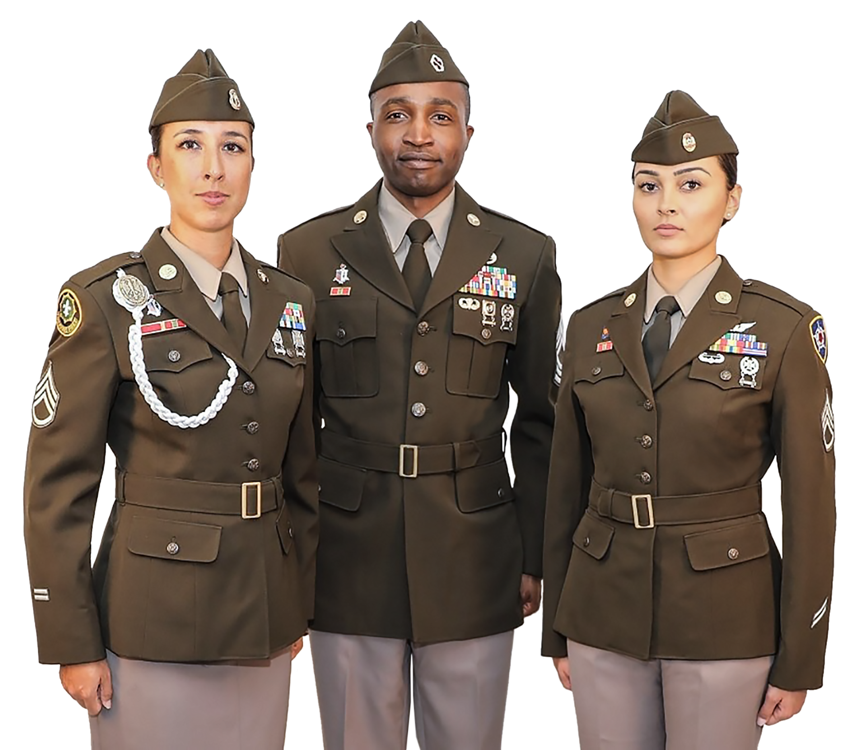 Photograph of three US Army soldiers in olive green service uniforms with numerous medals and insignia, against a white backdrop.