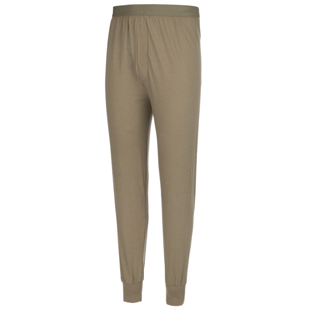 Product shot of olive-green thermal underwear pants with a comfortable elastic waistband and ribbed cuffs showcasing a soft textured fabric against a white background