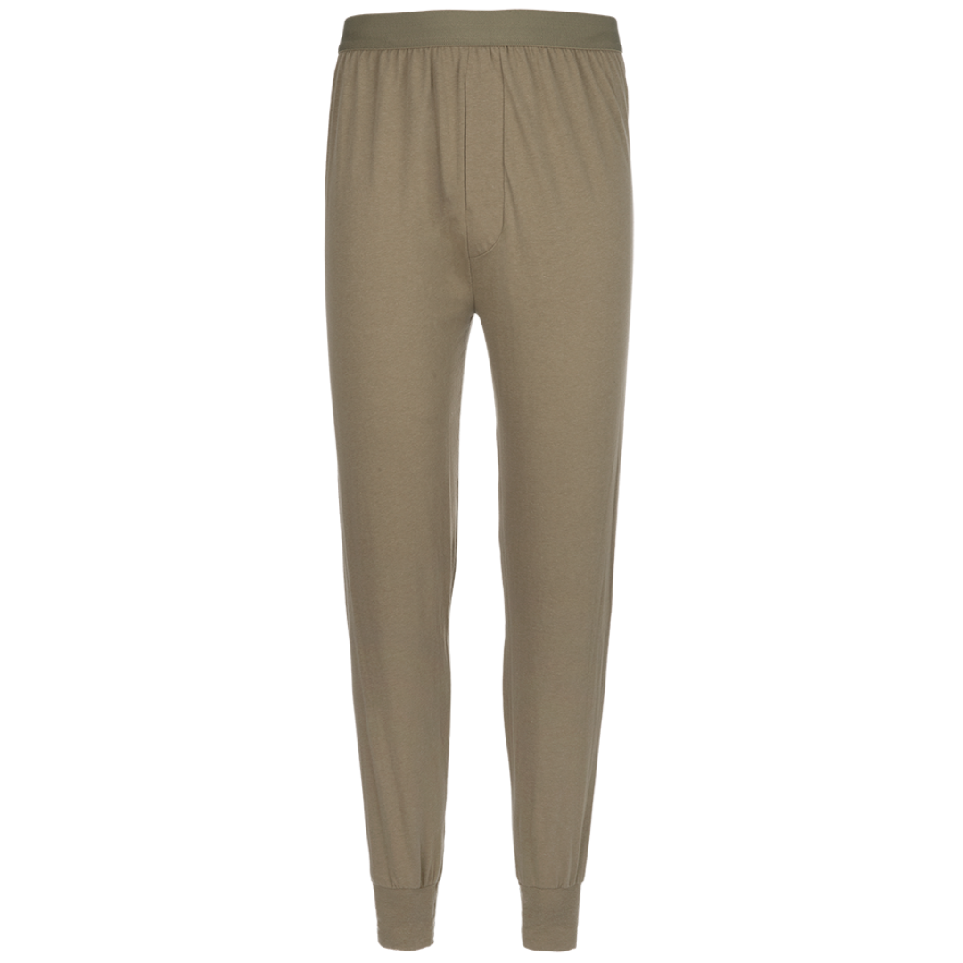 Product shot of olive green thermal underwear pants with a comfortable elastic waistband and ribbed cuffs showcasing a soft textured fabric