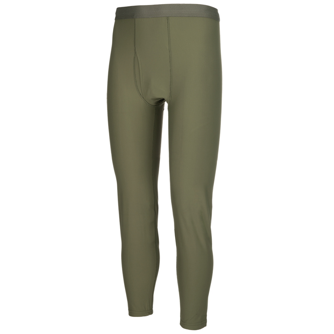 Product shot of olive green thermal underwear leggings showing a close-up view of the fabric texture and waistband detail