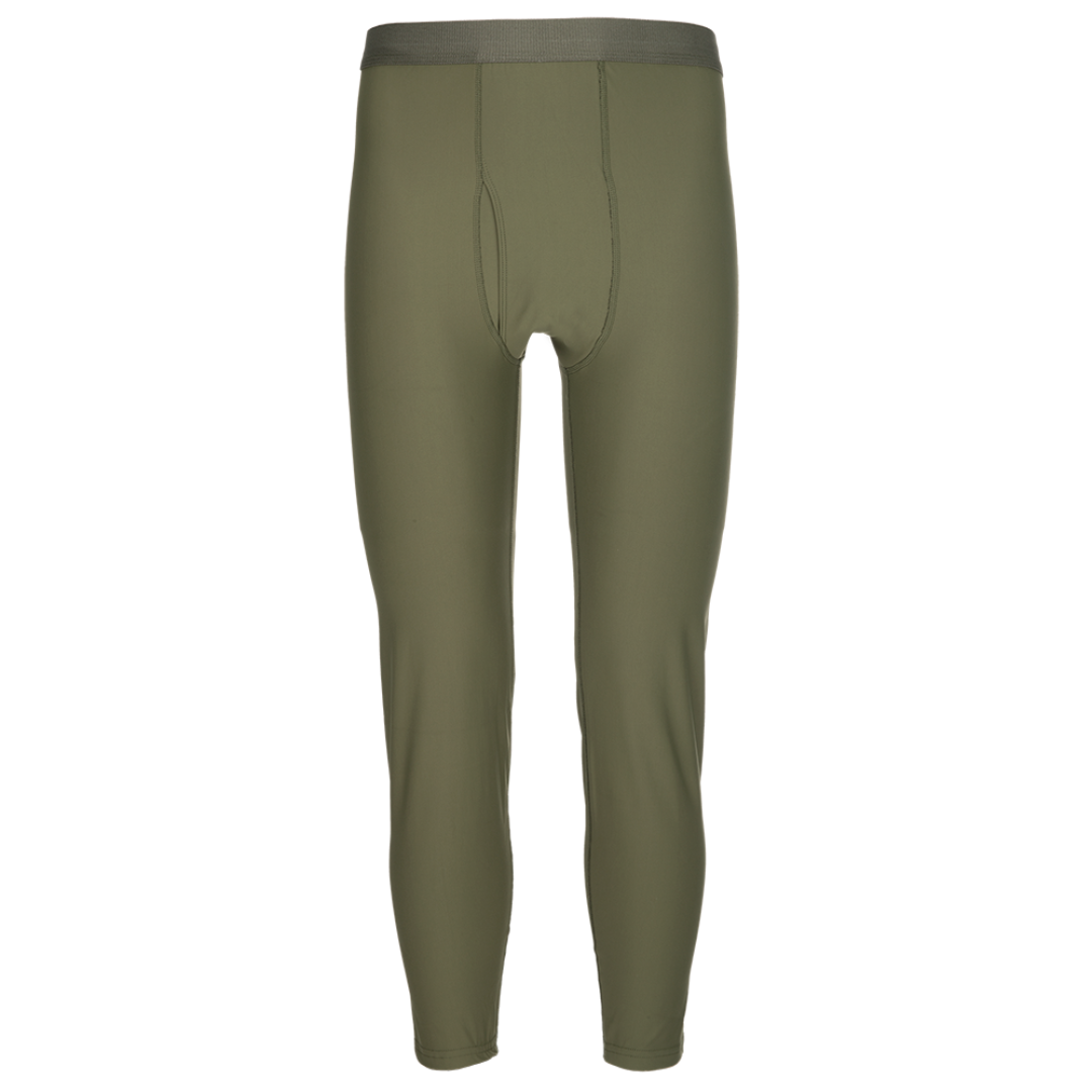 Product shot of olive green men's thermal underwear with a comfortable waistband and a close-fitting leg design showcasing its smooth texture and solid color against a white background