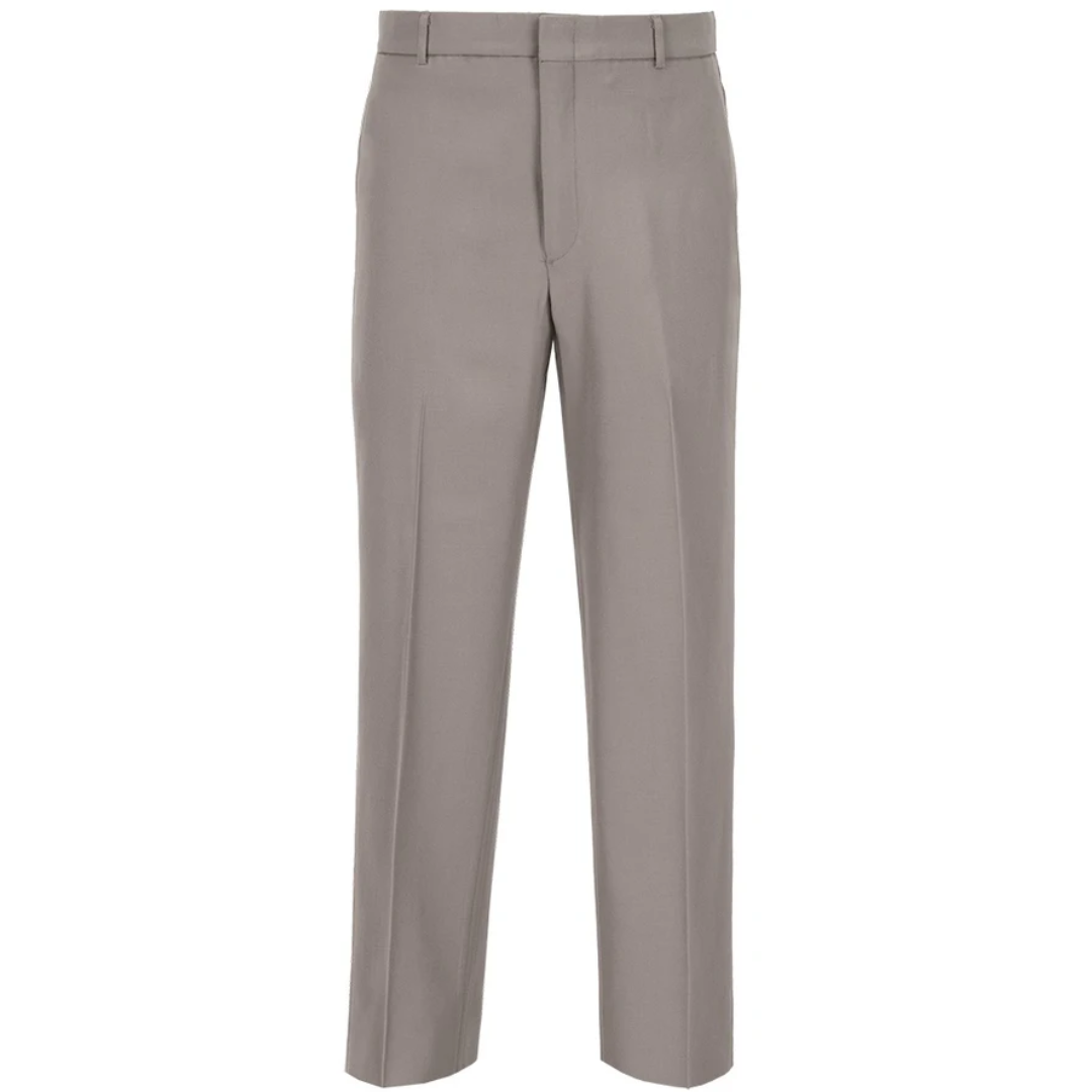 Product shot of taupe men's trousers featuring a flat front a mid-rise and straight leg with clean lines