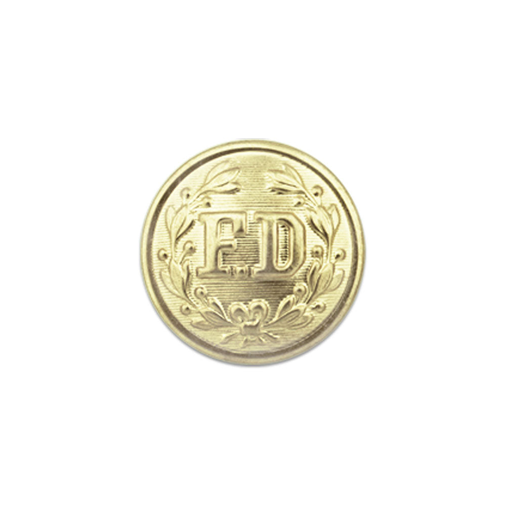 Gold metal button featuring embossed FD initials encircled by a laurel wreath with detailed floral accents
