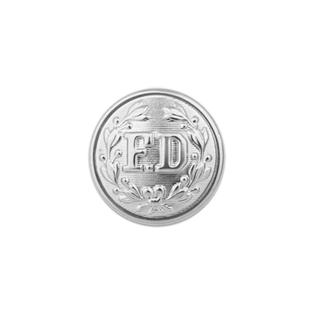 Silver metal button featuring embossed FD initials encircled by a leaf wreath with detailed floral accents and linear textures