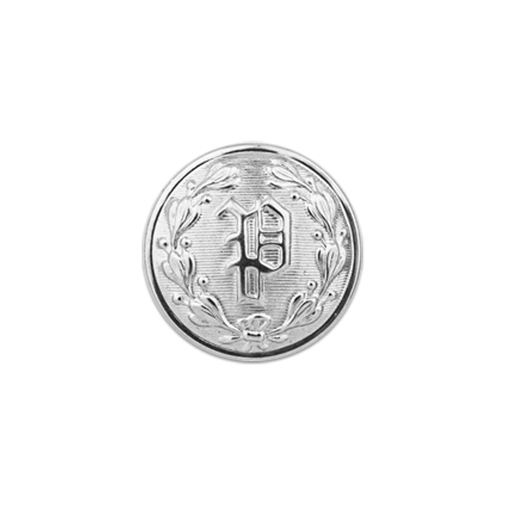 Silver metal button featuring a raised uppercase P encircled by a laurel wreath with linear etched detailing and a textured background