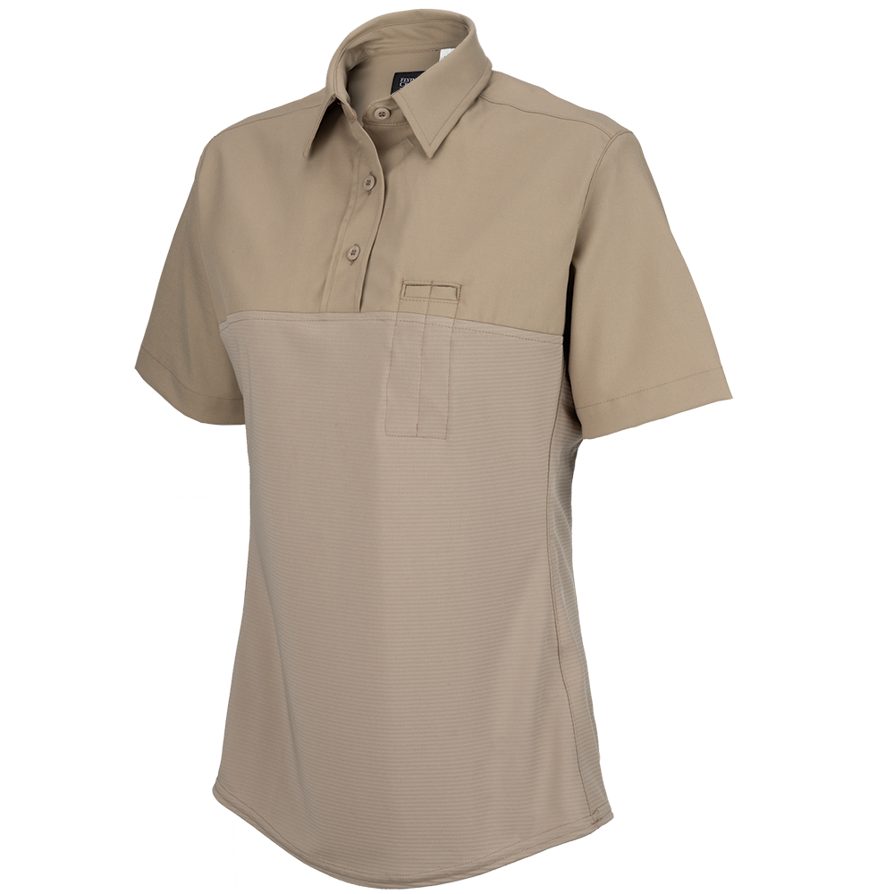 Product shot of a tan women's short-sleeve polo shirt featuring a ribbed bottom half a collared top and a small chest pocket showing subtle textural details and a two-toned design