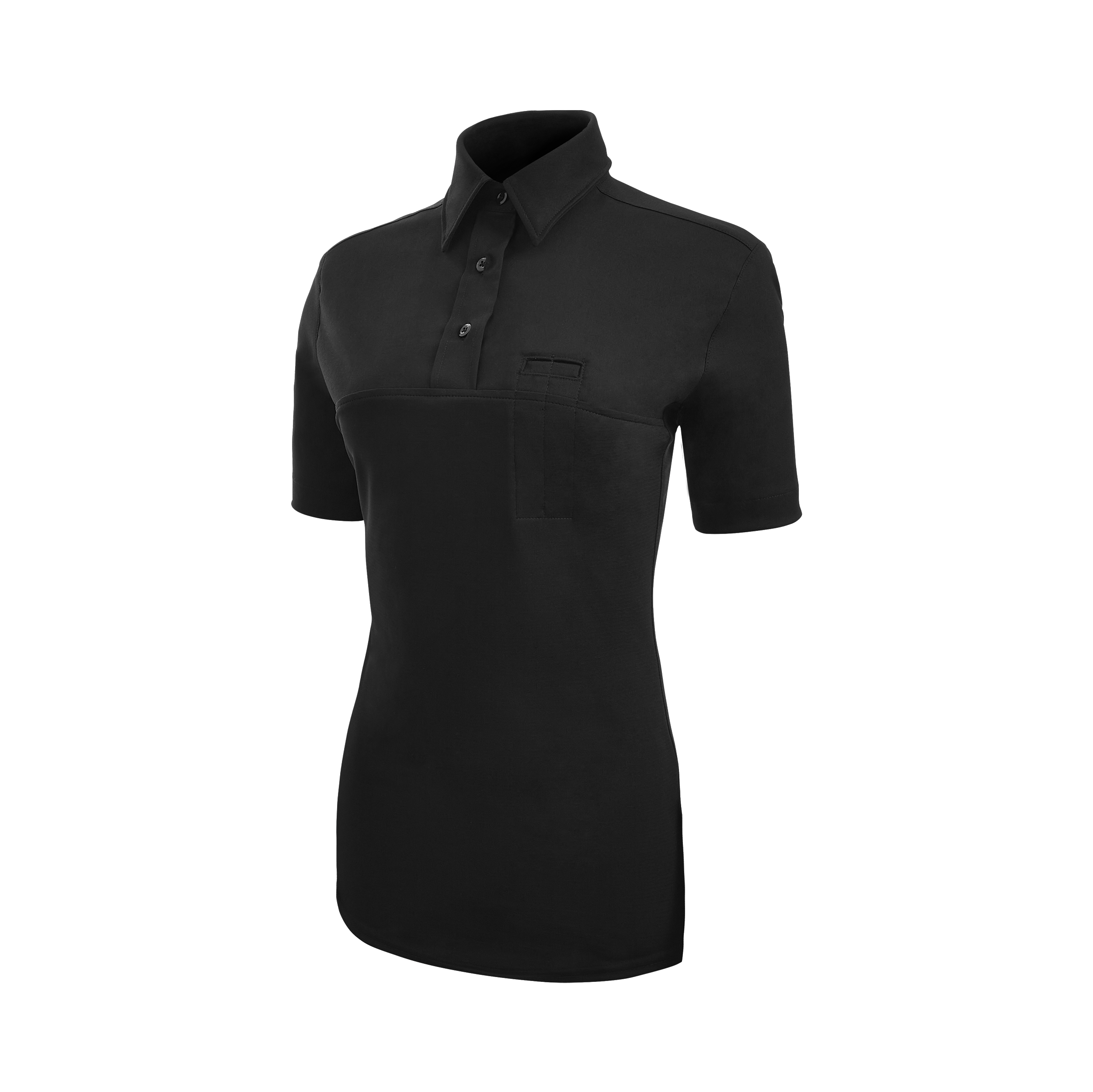 Product shot of a black women's short sleeve button down shirt featuring a unique pocket and tailored fit.