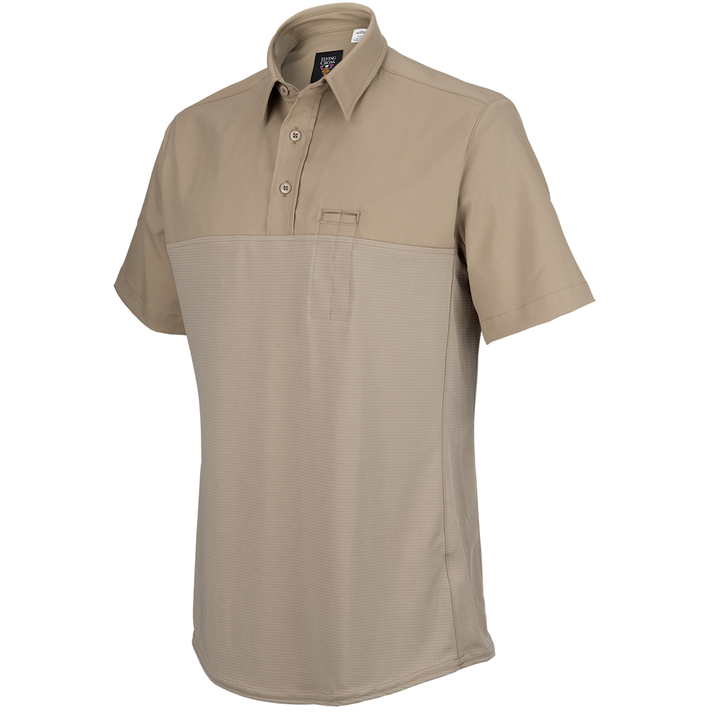 Product shot of a Flying Cross tan short-sleeve polo shirt featuring a two-tone design subtle texture and a small chest pocket