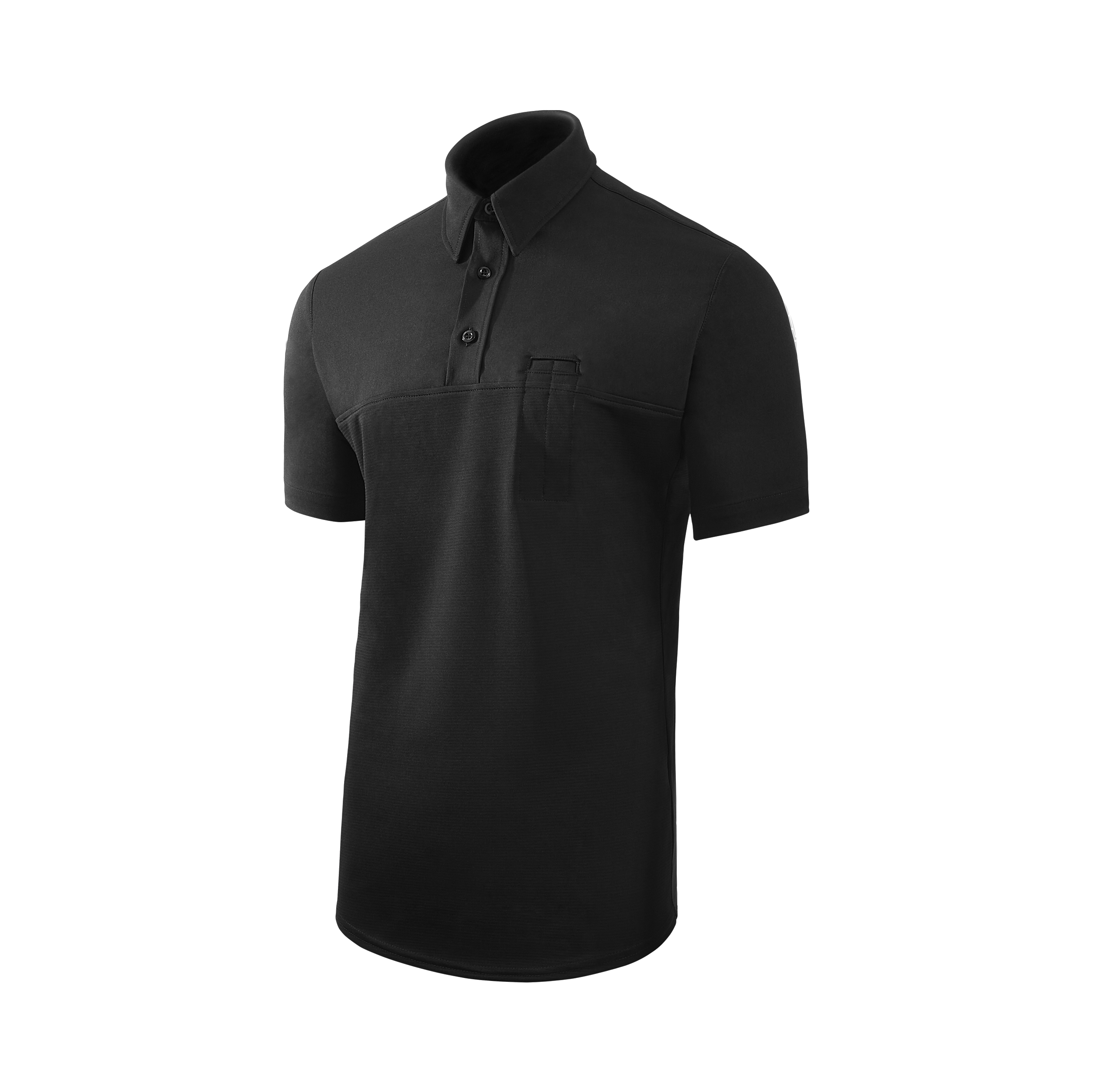 Product shot of a black short-sleeved polo shirt with a subtle textured fabric and a small, functional pocket featuring a unique button closure detail