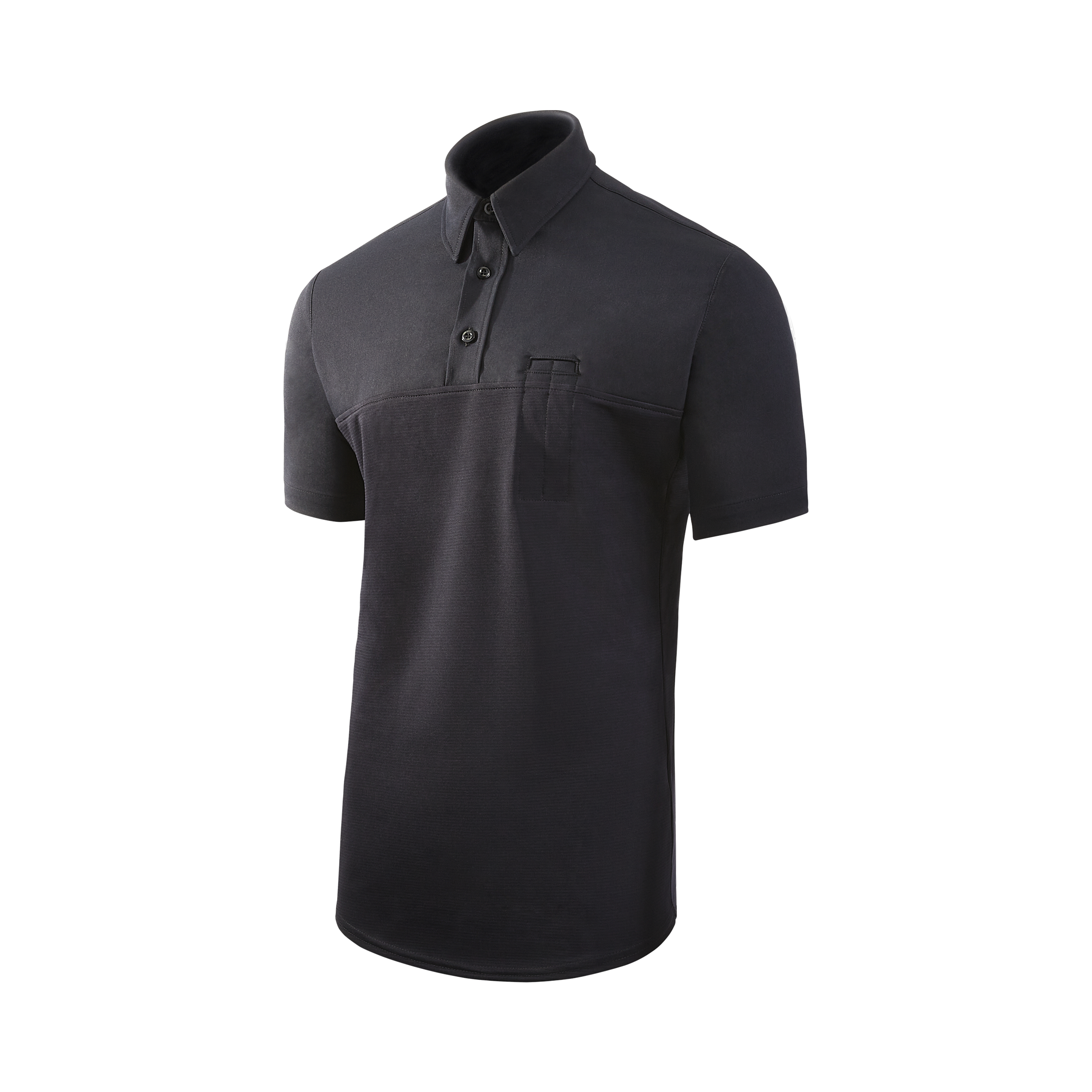 Product shot of a dark gray short-sleeved polo shirt with a unique pocket and button detailing featuring a textured fabric and subtle color variations