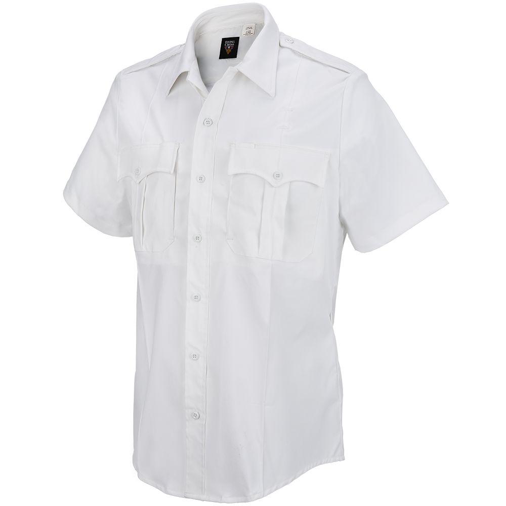 Flying Cross womens white short sleeve uniform shirt featuring button closures two breast pockets and a crisp collar