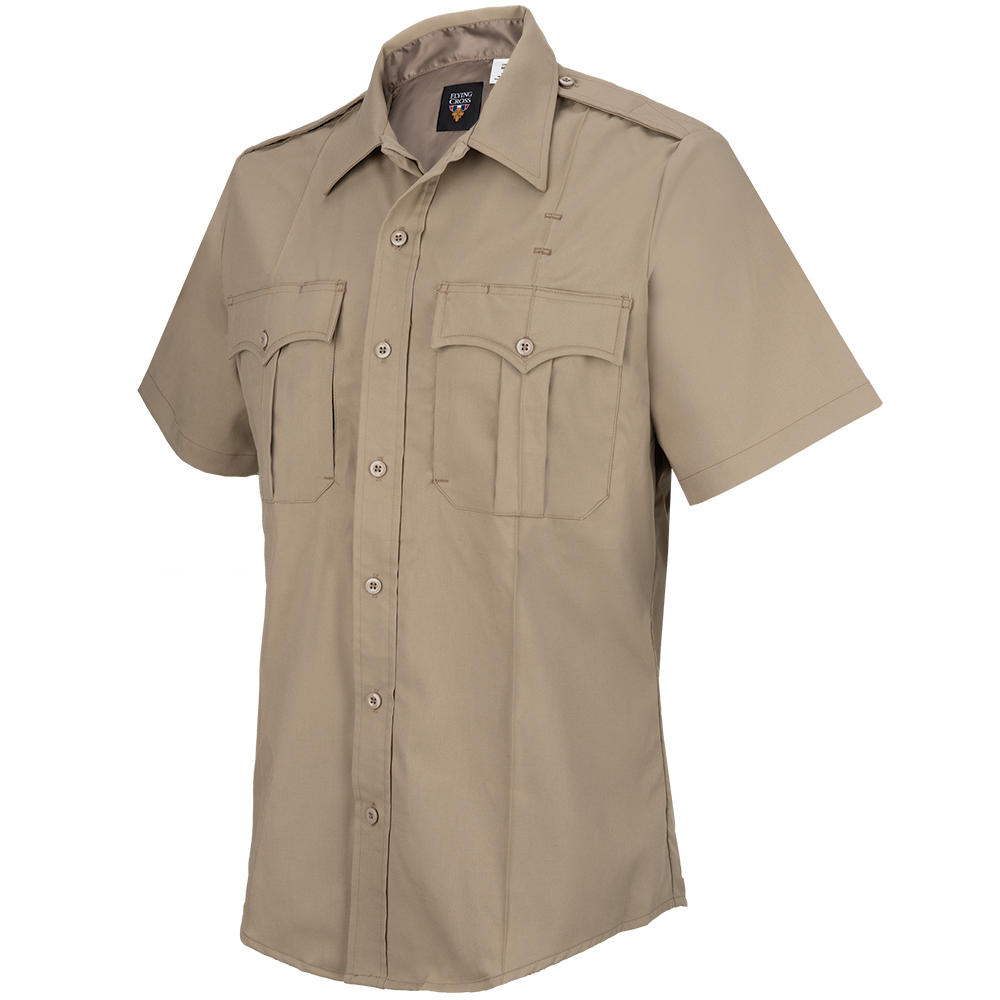 Product shot of a tan Flying Cross short-sleeve uniform shirt featuring button closures, two chest pockets with flaps, and epaulets on the shoulders