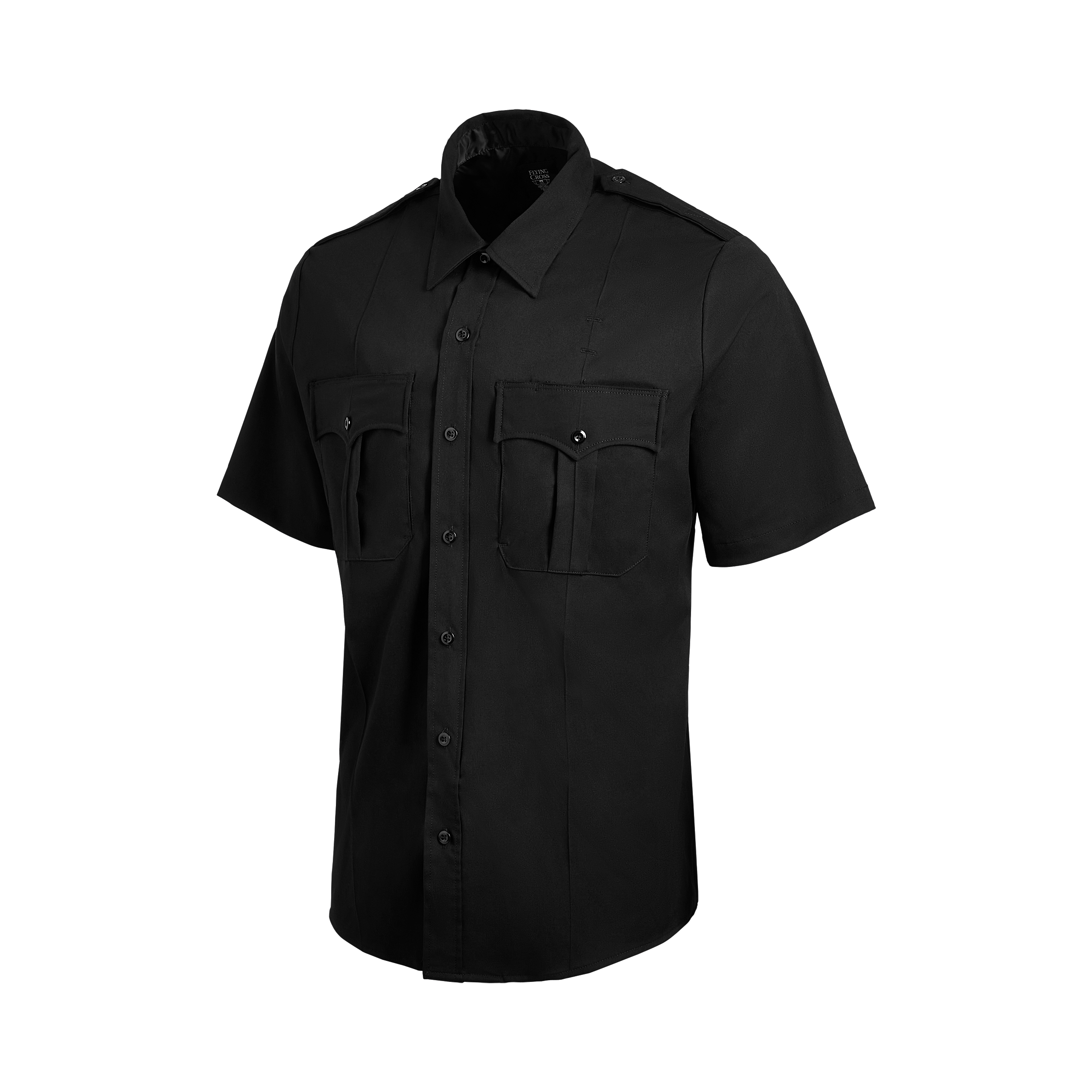 Product shot of a black Flying Cross short-sleeve shirt featuring two chest pockets, shiny buttons, and a subtle embroidered logo on the collar