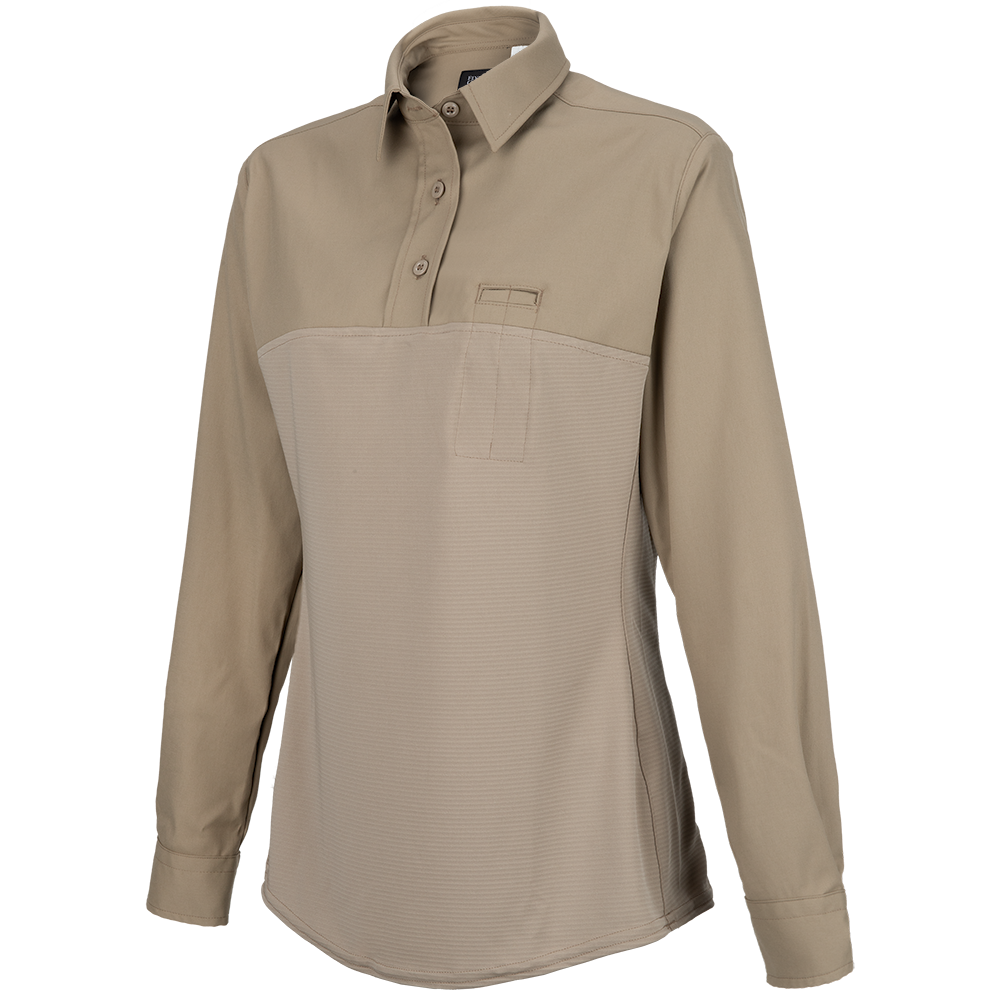 Product shot of a beige women's long-sleeve shirt featuring a collared top and ribbed bottom with a small chest pocket and button placket.