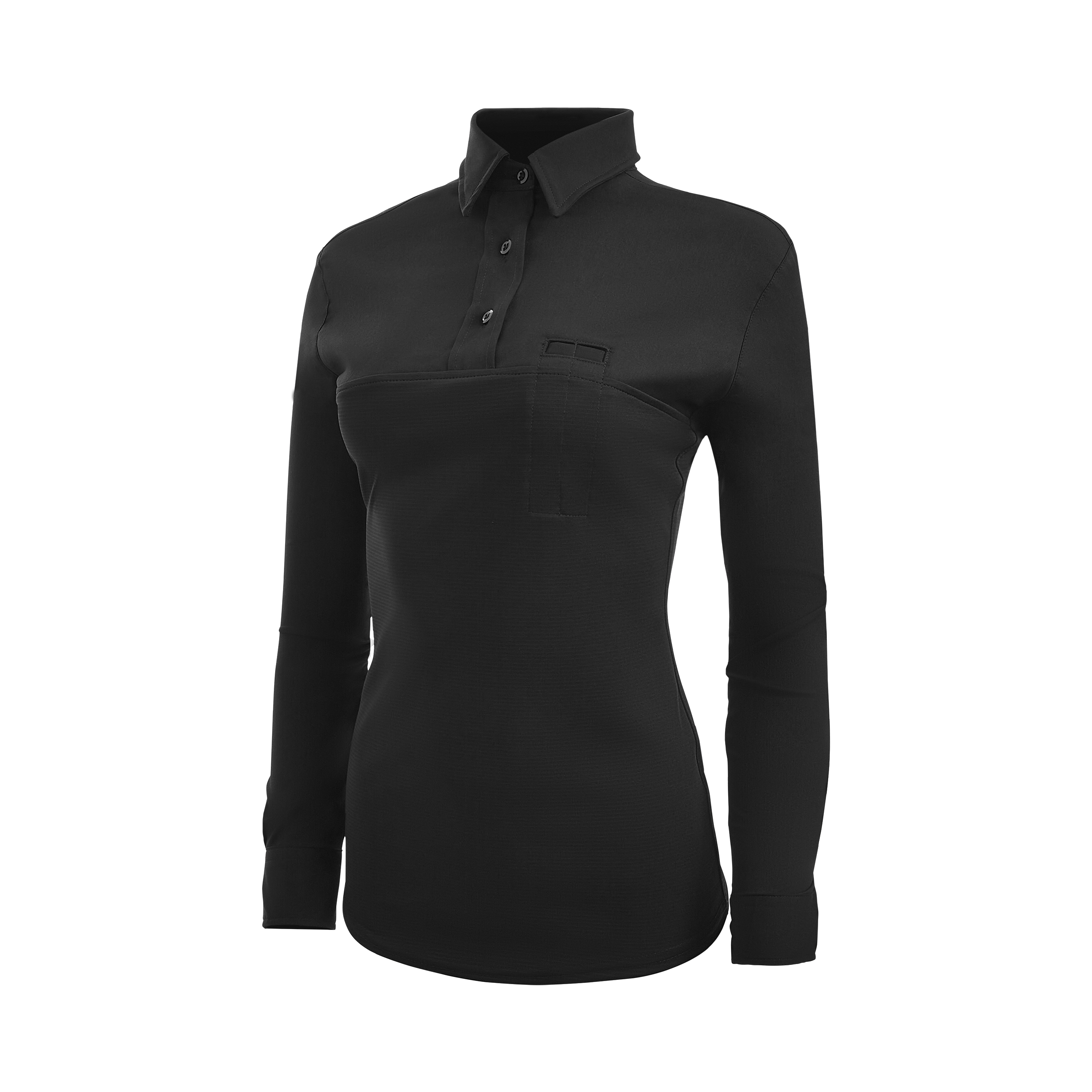Product shot of a black women's long-sleeve polo shirt featuring a subtle textured fabric, a small chest pocket with a unique design, and a classic button-down collar