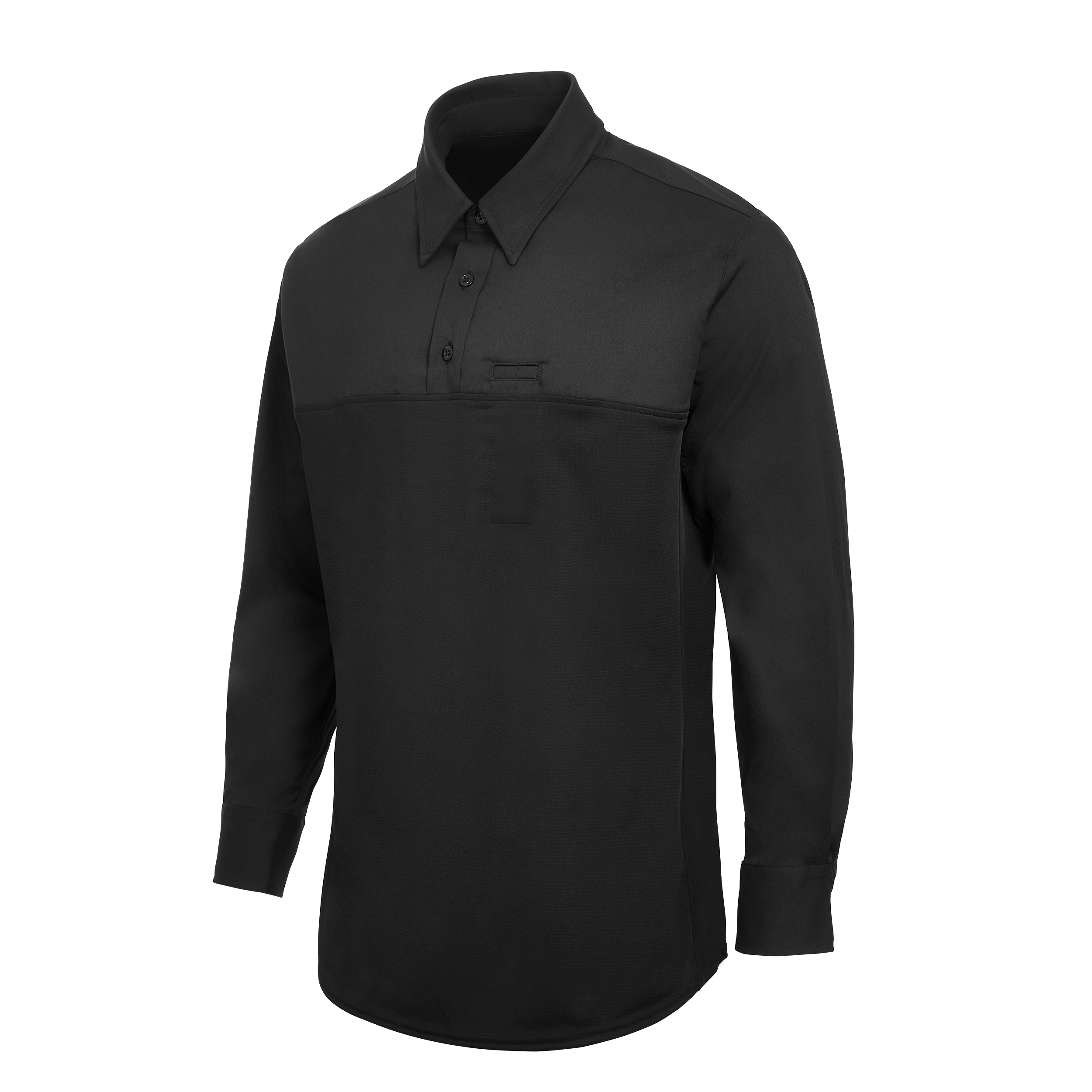 Product shot of a black long-sleeve shirt with a button-down collar and contrasting textured panels showcasing a unique pocket design and curved hemline