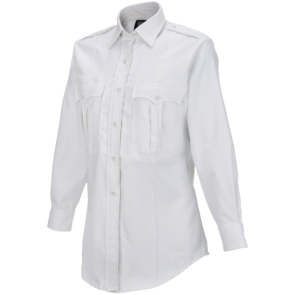 Product shot of a women's long-sleeve white uniform shirt featuring two breast pockets, button-down front and long cuffs showcasing crisp fabric and a clean design