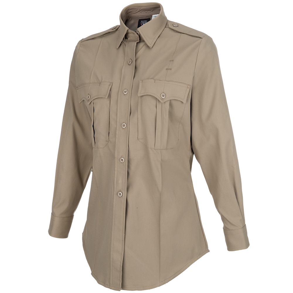 Product image of a tan Flying Cross women's long-sleeve uniform shirt featuring button closures, two breast pockets with flaps, and long, slightly cuffed sleeves