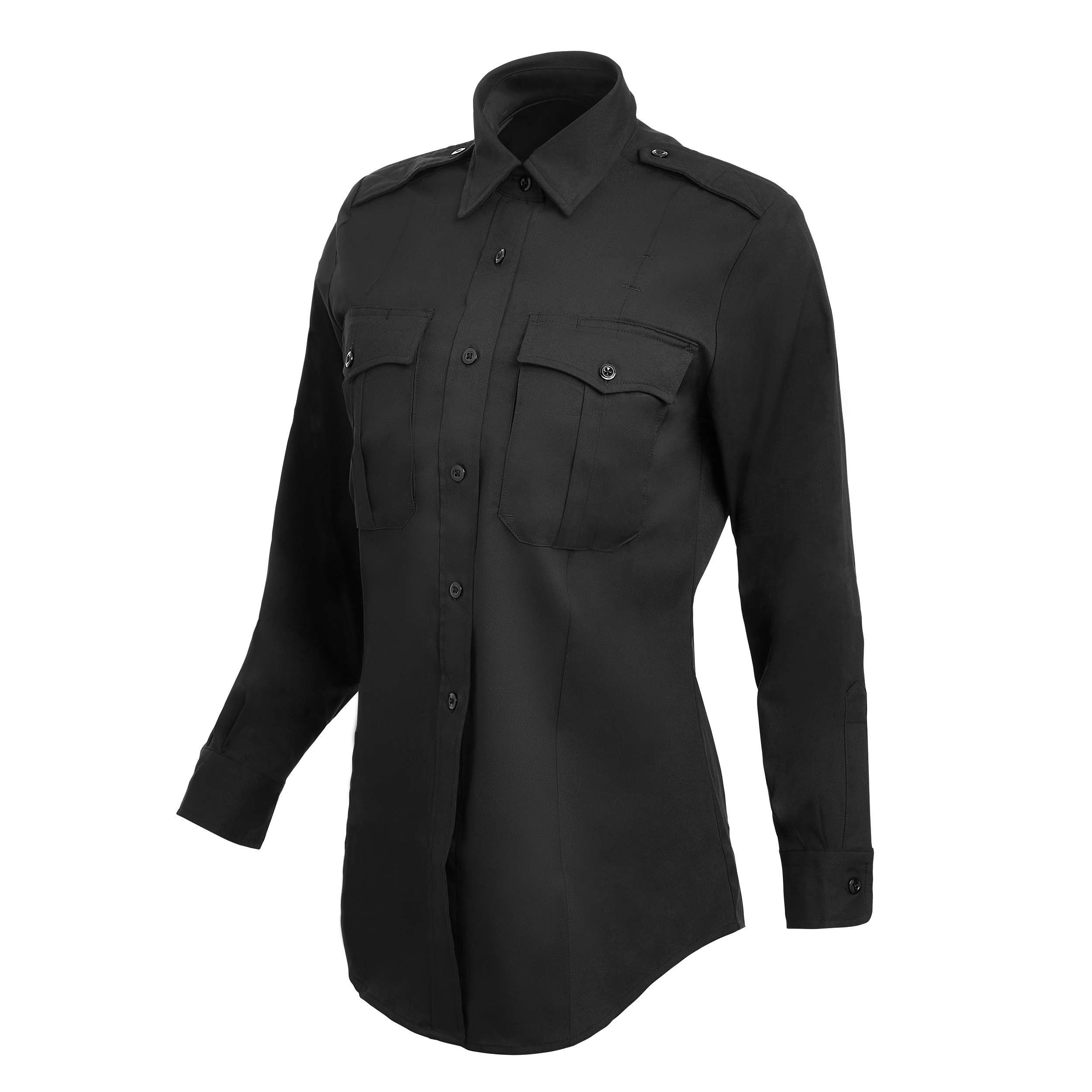 Product shot of a black women's long-sleeve uniform shirt featuring a button-down collar, two flap pockets, and sleek, dark buttons showcasing a professional and polished style
