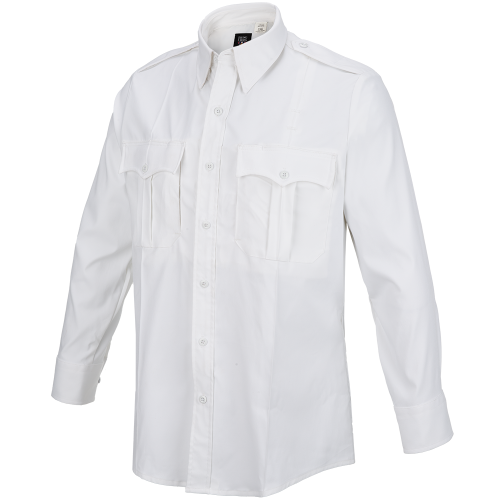 Product shot of a long sleeve white Flying Cross men's uniform shirt featuring button-down collar and two chest pockets with button flaps showcasing crisp pleats and smooth fabric