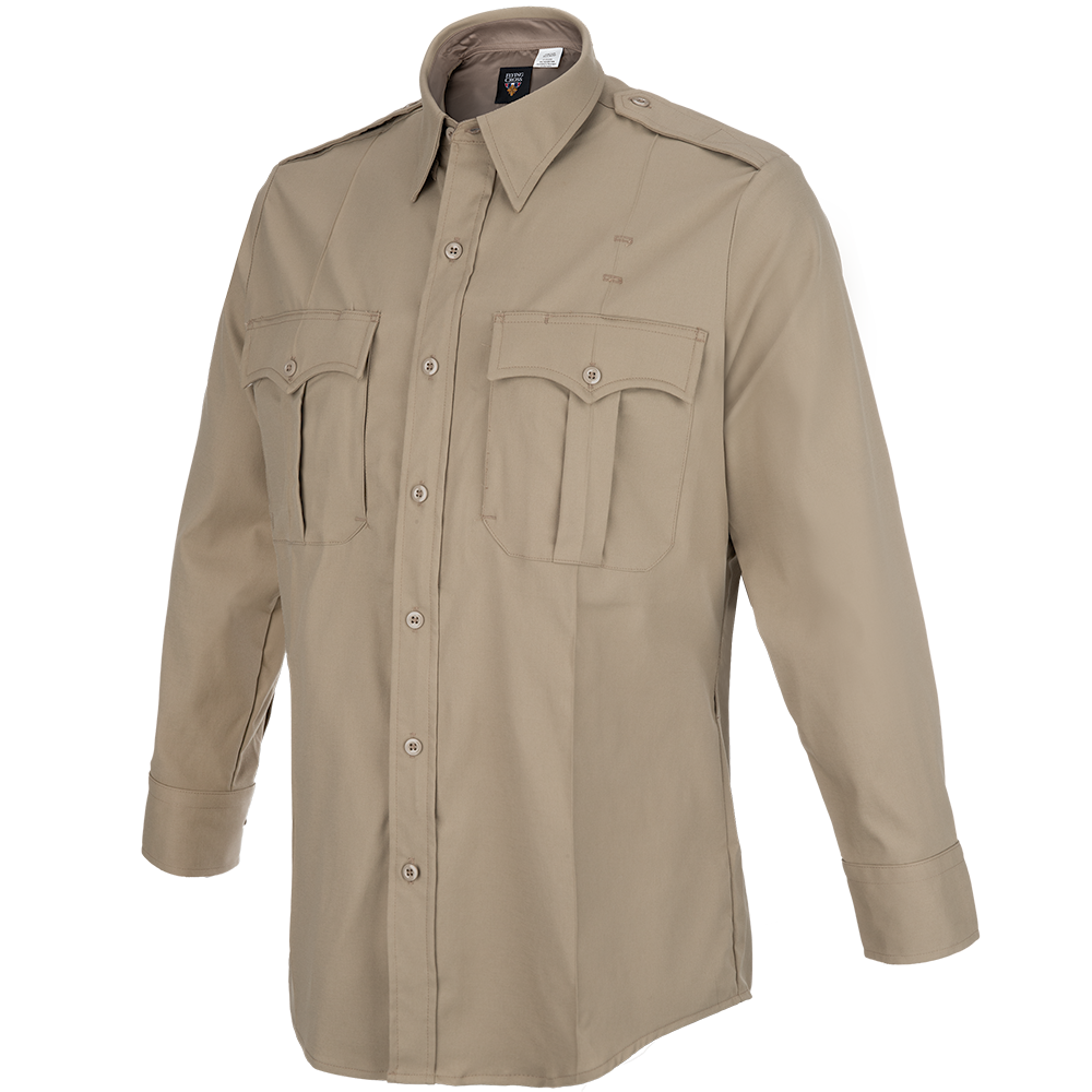 Product shot of a tan long-sleeve uniform shirt featuring button closures, two breast pockets with flaps, and reinforced stitching on the shoulders and cuffs
