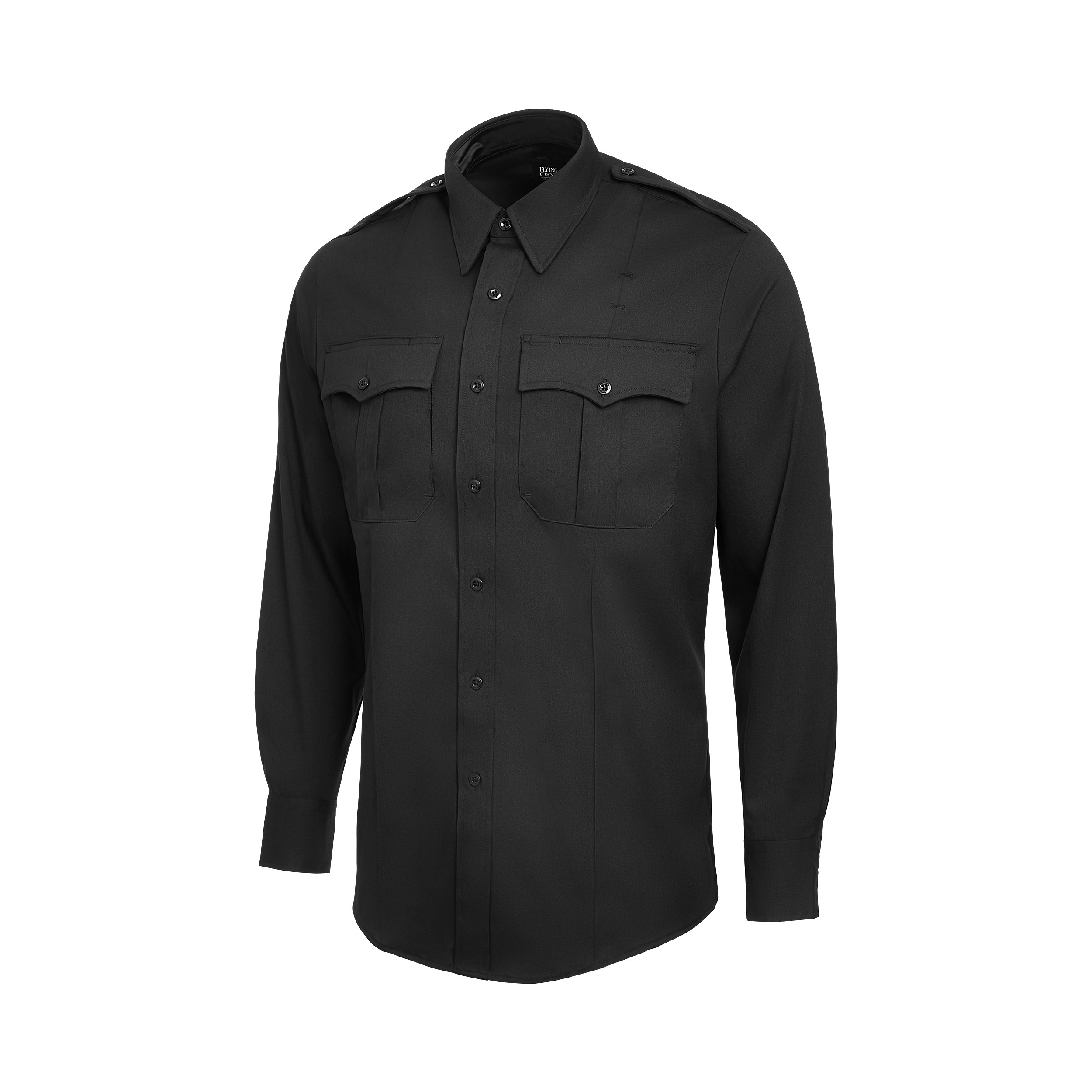 Product shot of a black Flying Cross long-sleeve uniform shirt featuring button-down epaulets, two flap pockets with button closures, and a crisp collar