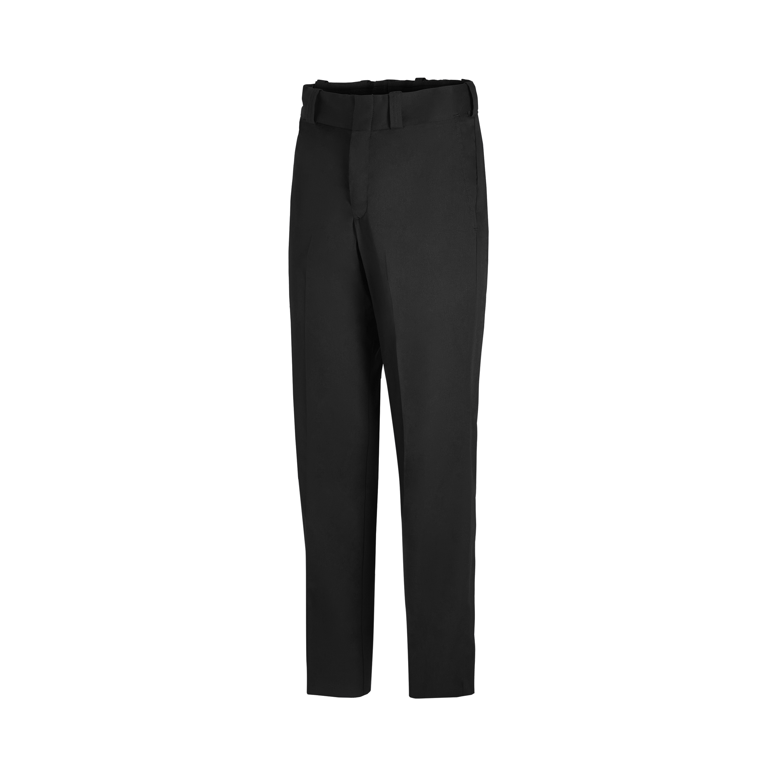 Product shot of black pants showing a flat front and subtle creases with a clean simple design