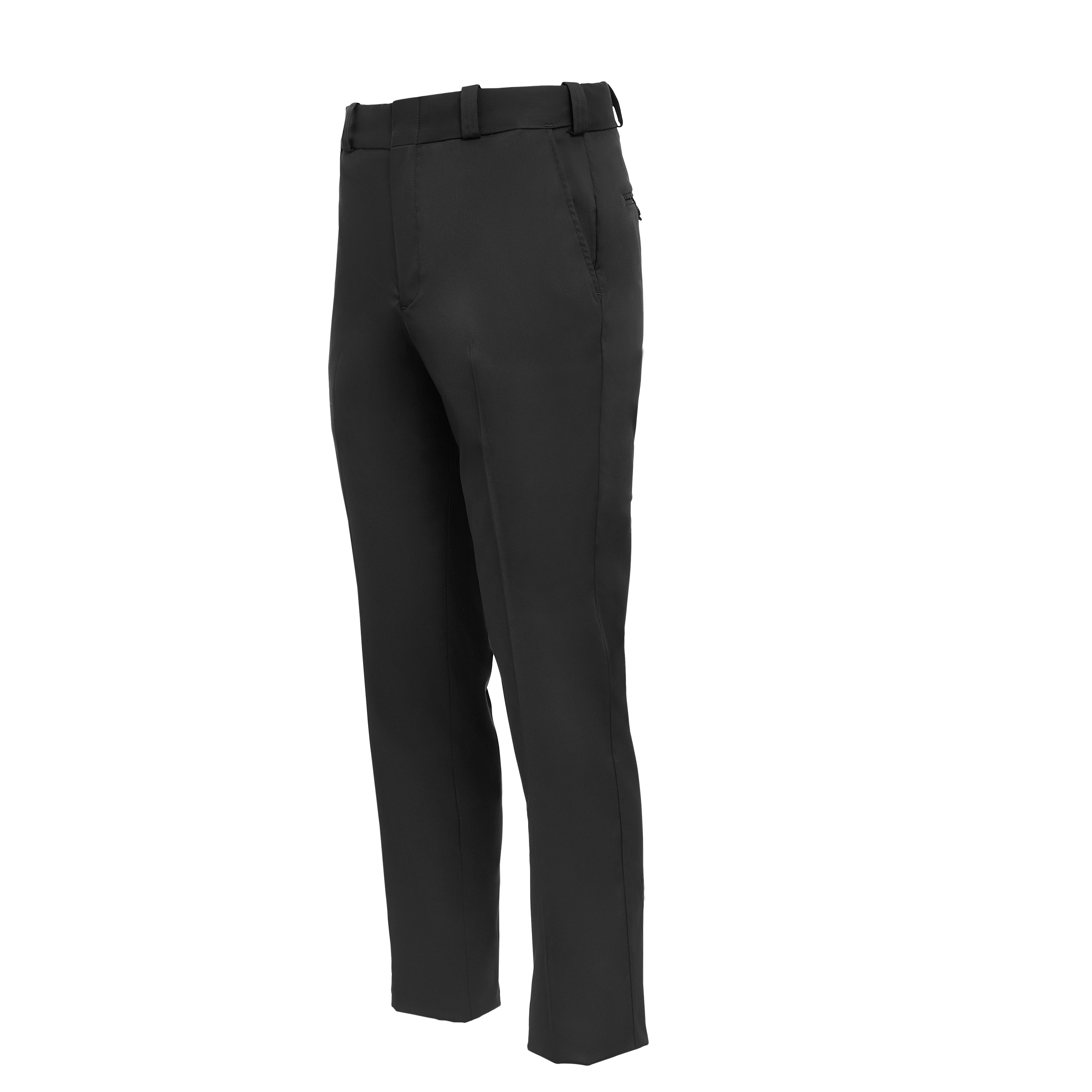 Product shot of dark gray men's dress pants featuring a flat front, neatly pressed creases, and a subtle sheen