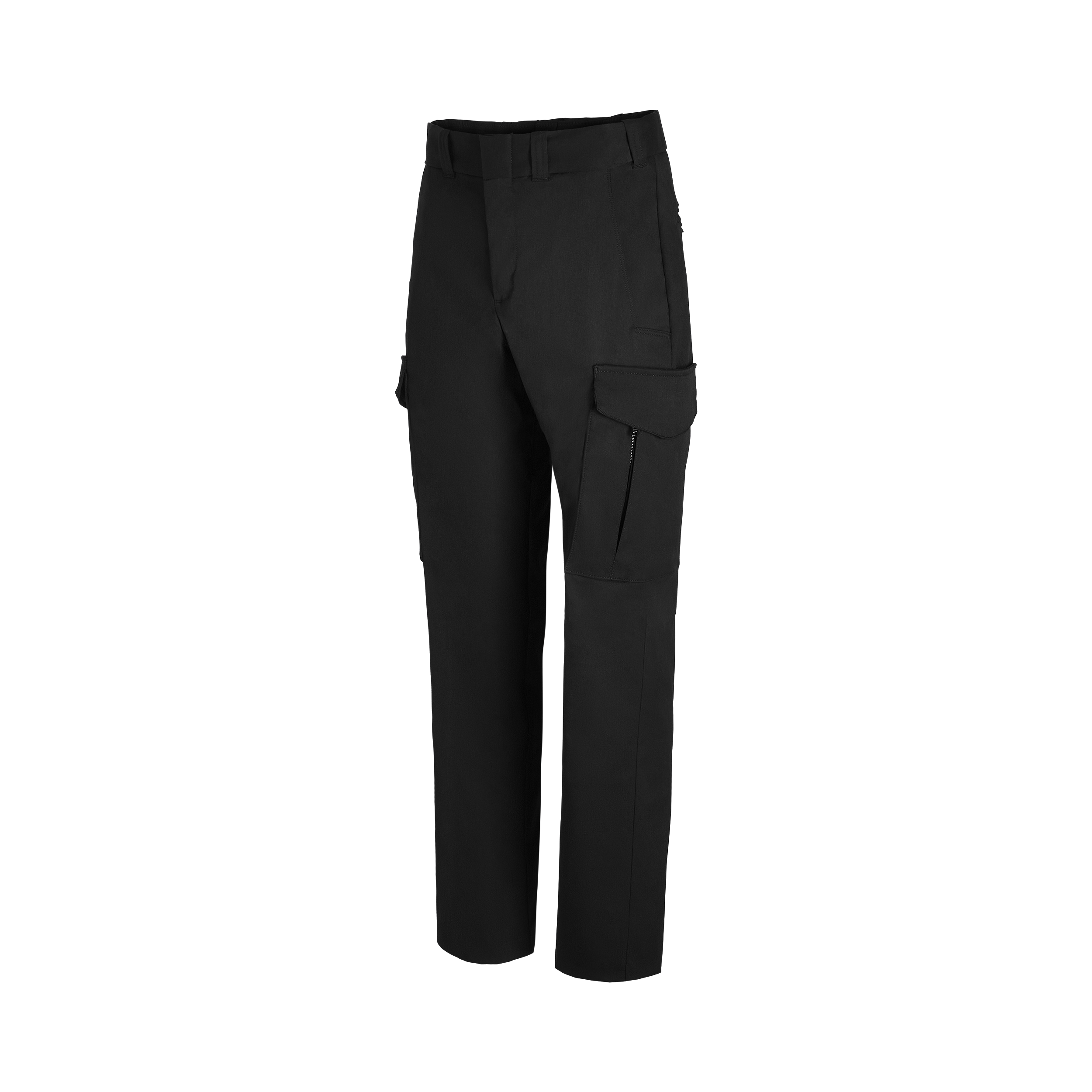 Product shot of black cargo pants featuring a zippered pocket, subtle stitching, and a flat front design