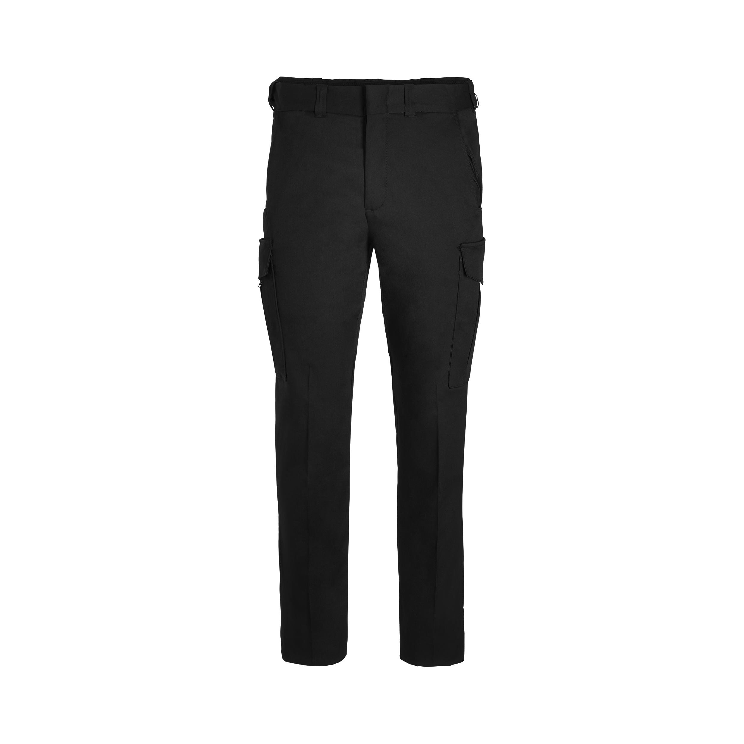 Product shot of black tactical pants featuring two side cargo pockets, a flat front, and a sturdy waistband