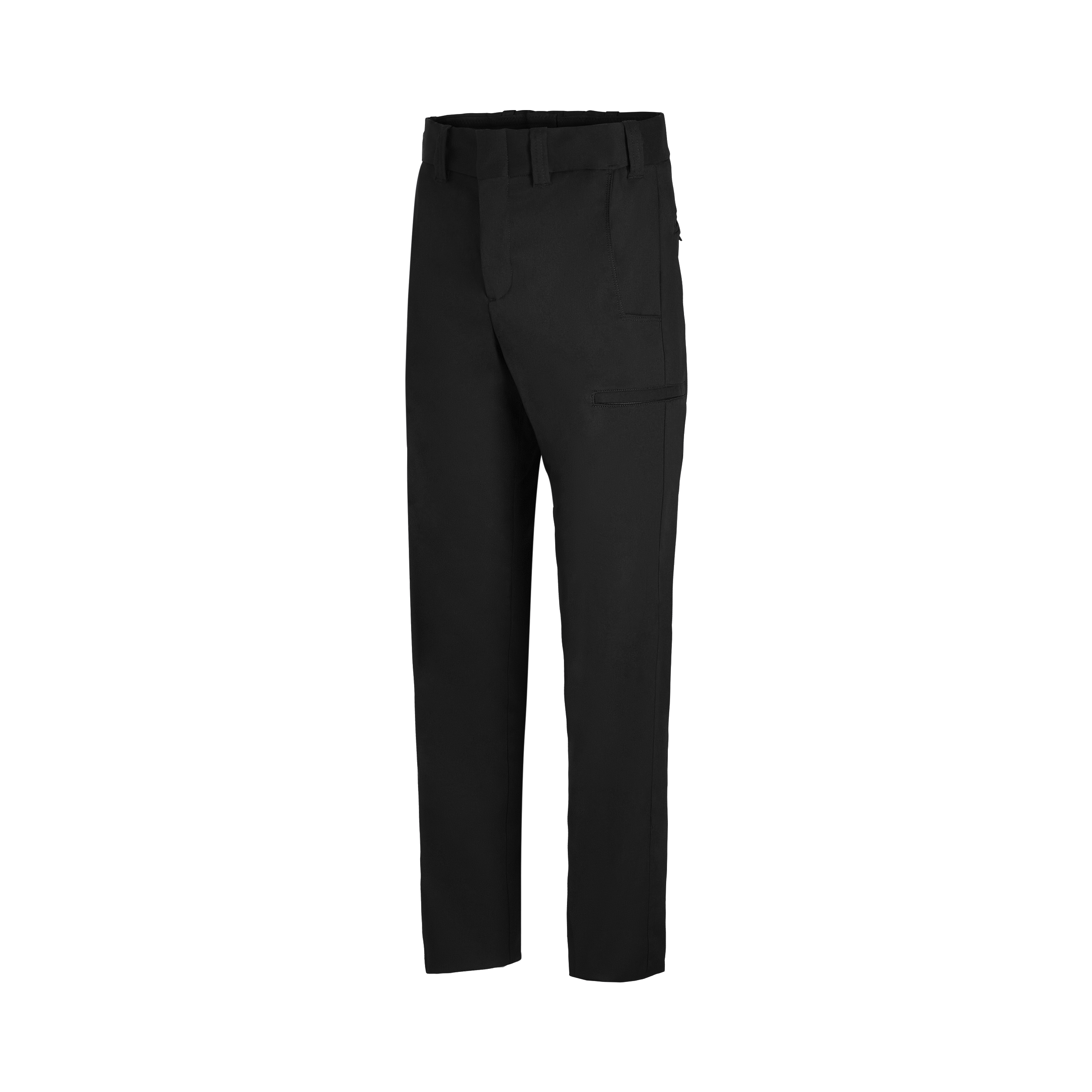 Product shot of black tactical pants featuring a waistband, side pockets, and a cargo pocket with subtle stitching details