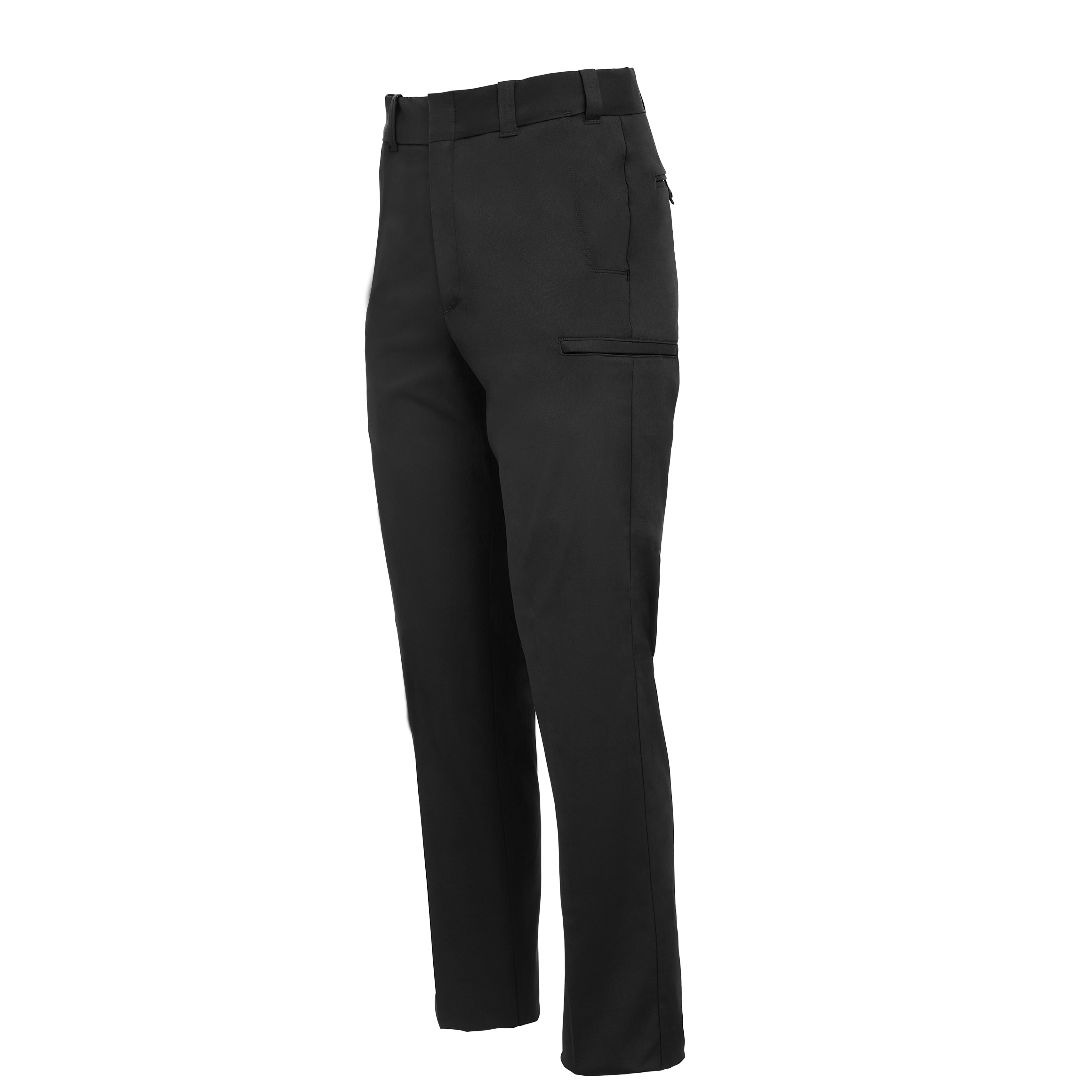 Product shot of black pants featuring a tailored fit, a zippered pocket, and a flat waistband