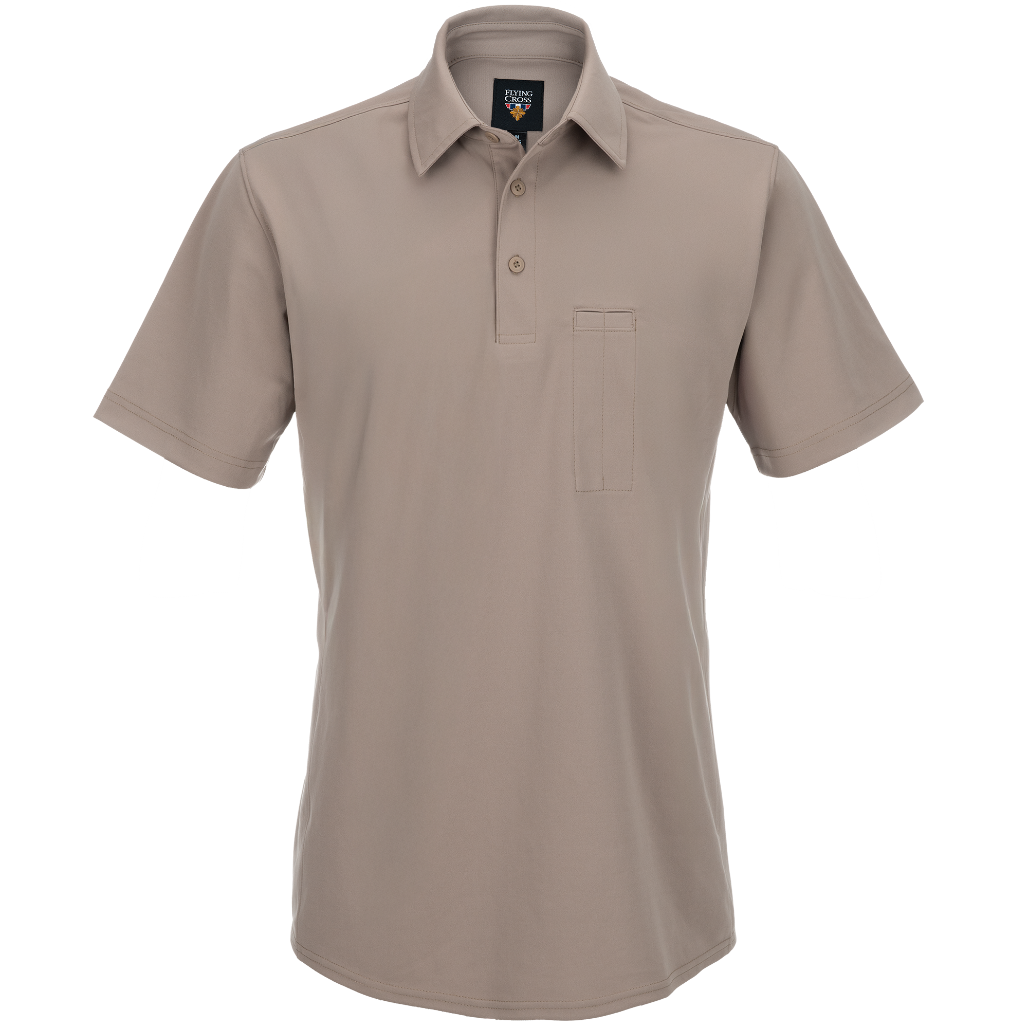 Product shot of a beige Flying Cross short-sleeve polo shirt featuring a small chest pocket, three-button placket, and a subtly embroidered logo.