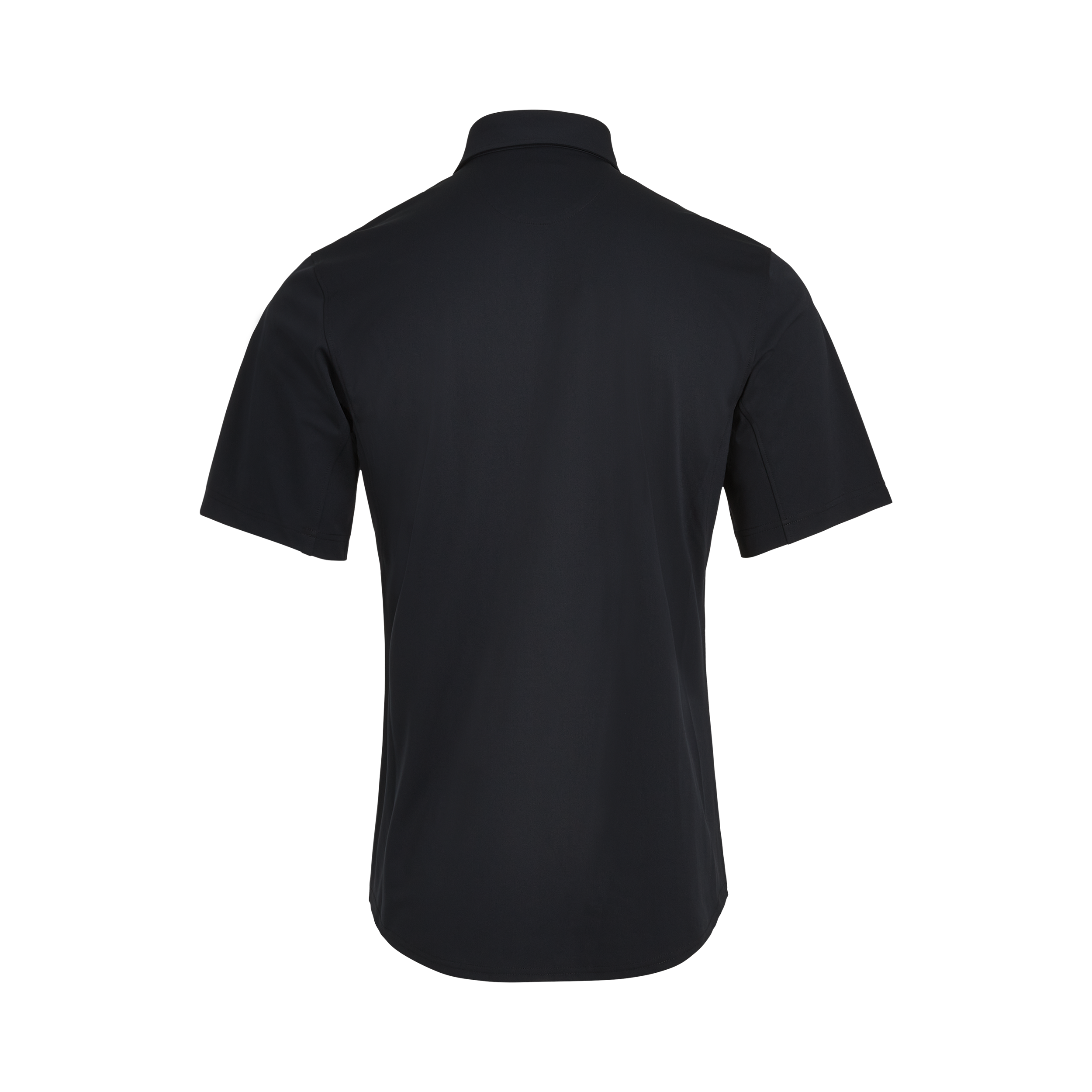 Product shot of a dark navy short-sleeved shirt with a collared neckline and subtle stitching detail on a plain background