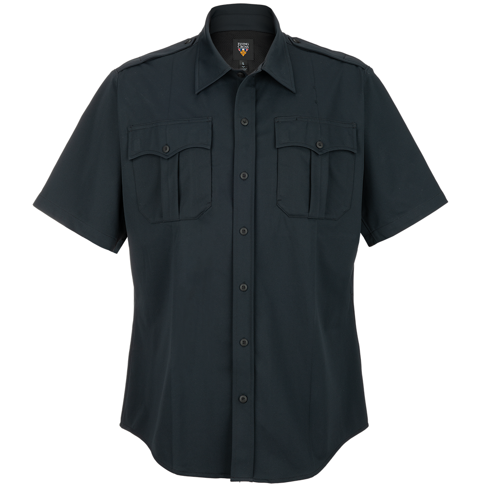 Product shot of a Flying Cross dark-navy short-sleeve uniform shirt featuring two buttoned chest pockets and a small logo above the placket showcasing the brand’s iconic crest