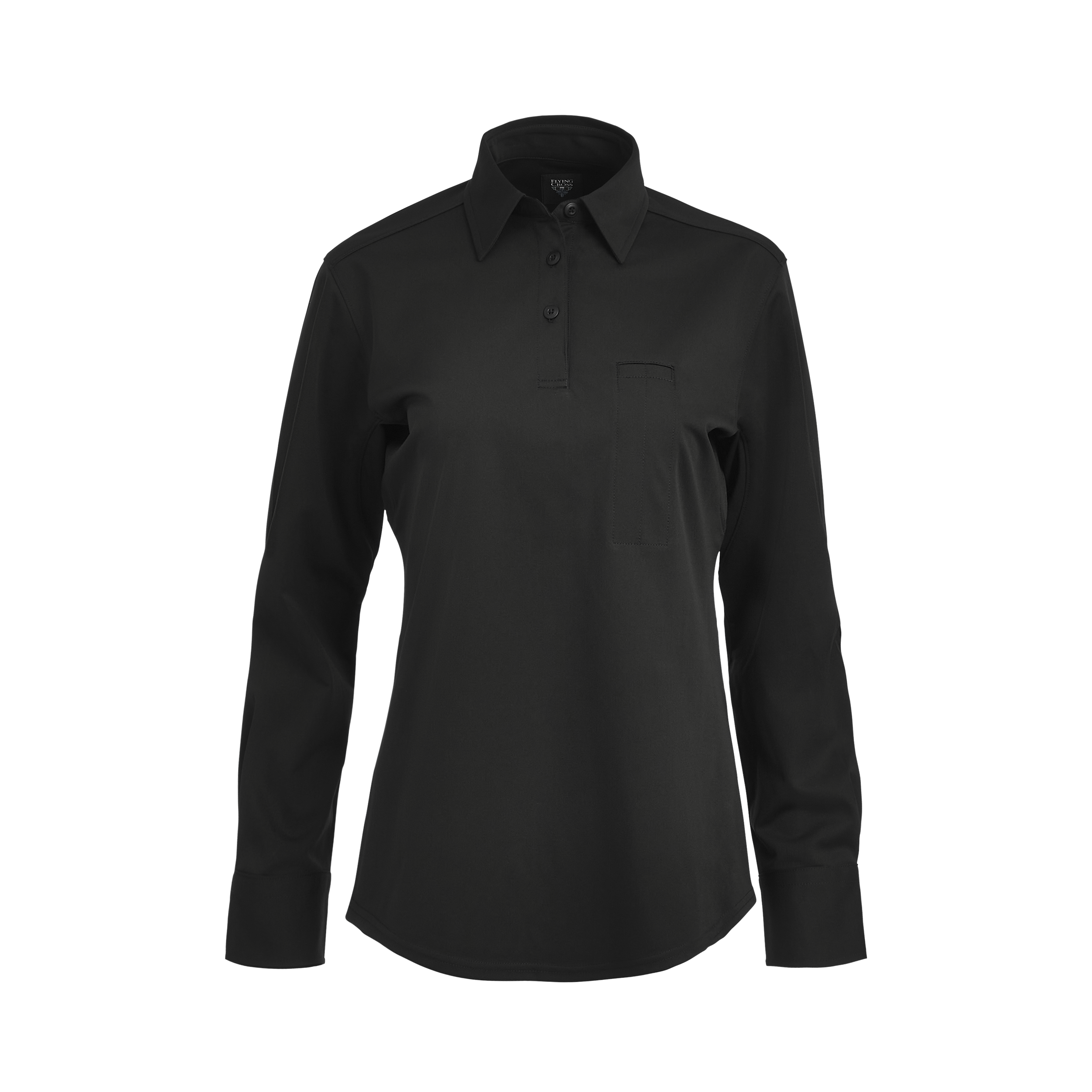 Product shot of a black Flying Cross long-sleeve women's polo shirt featuring a button-down collar, a breast pocket, and subtle stitching details