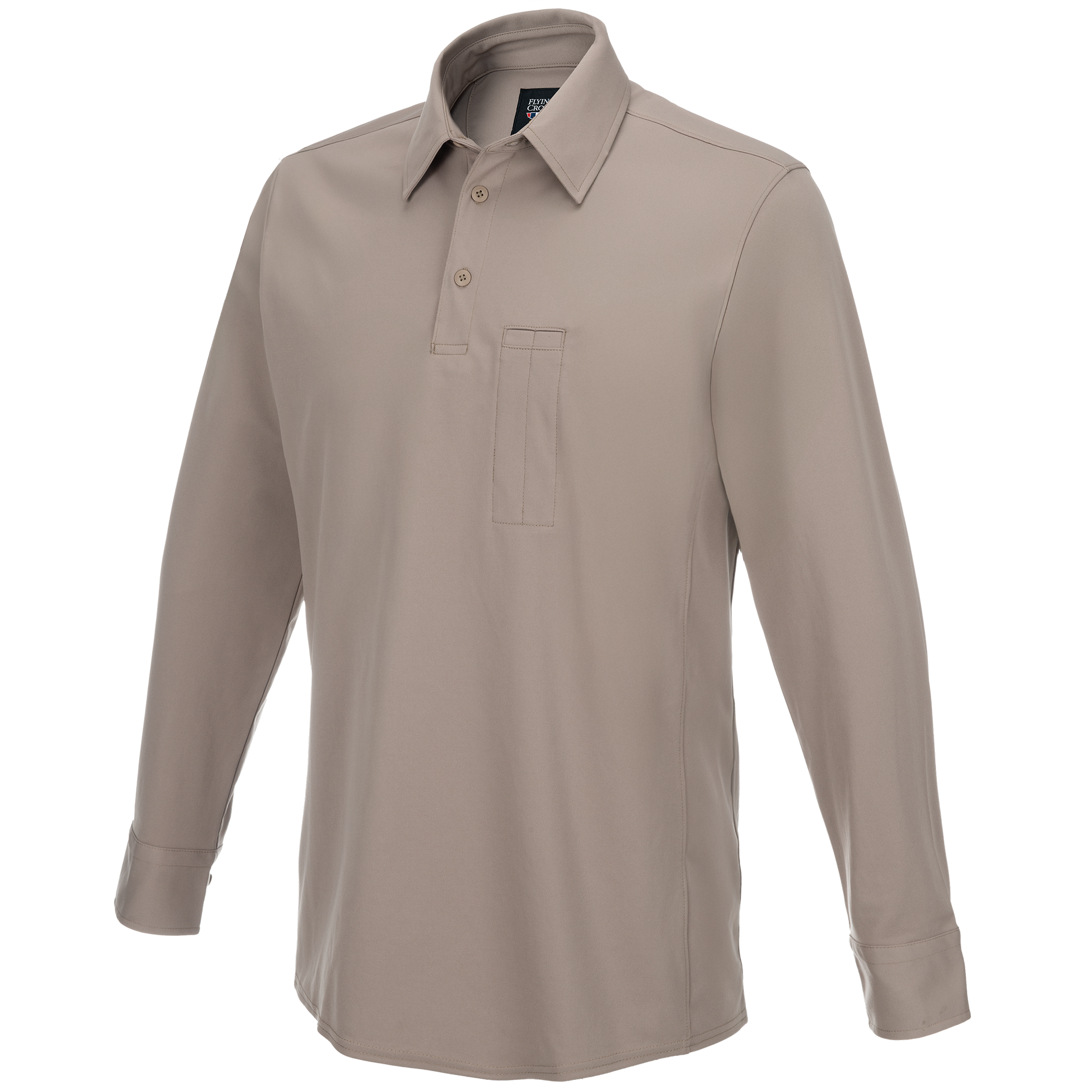 Product shot of a tan Flying Cross long-sleeve polo shirt featuring a small chest pocket, button placket, and subtly textured fabric